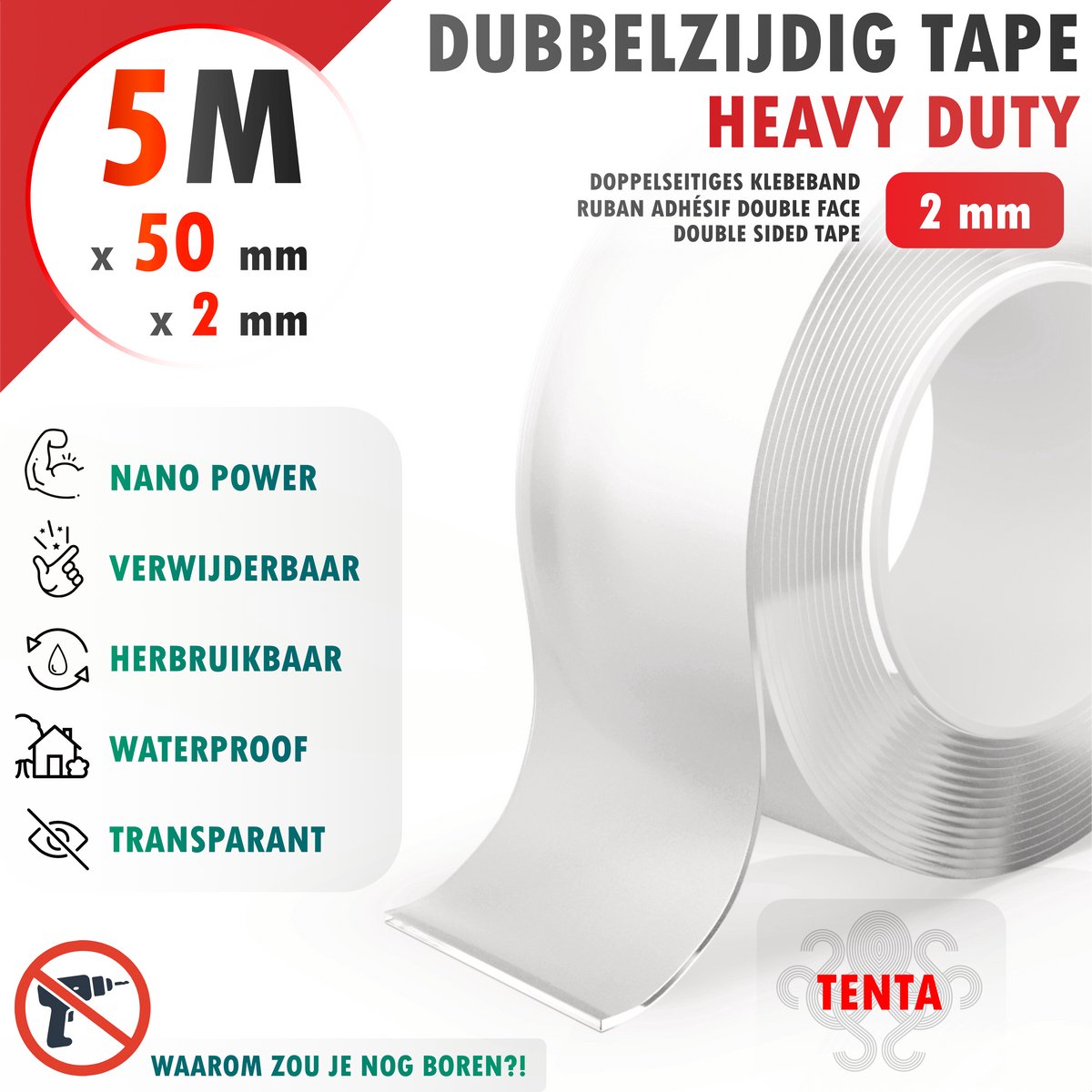 Dubbelzijdig Tape Extra Sterk 5m x 50mm x 2mm - TENTA Heavy Duty