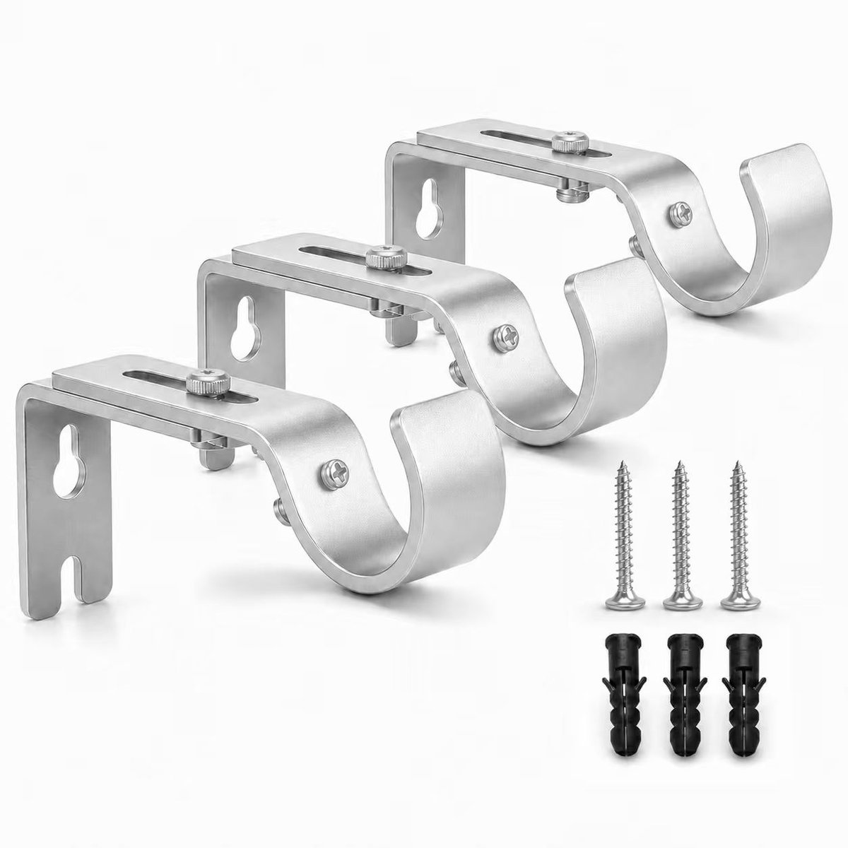 BOTC Verstelbare Gordijnroedebeugels - 3 Stuks Muurbeugels voor Gordijnroede - 8,9 tot 12 cm Verstelbaar - Voor Roedes tot Ø 2,3 cm - Zilver