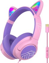 PowerLocus Bobo – USB-C Kinder Koptelefoon met Draad - Koptelefoon voor kinderen - Veilig volume van 85dB en 94dB - Katten Oortjes - Led Verlichting - Met microfoon – Stickers – Paars/Roze