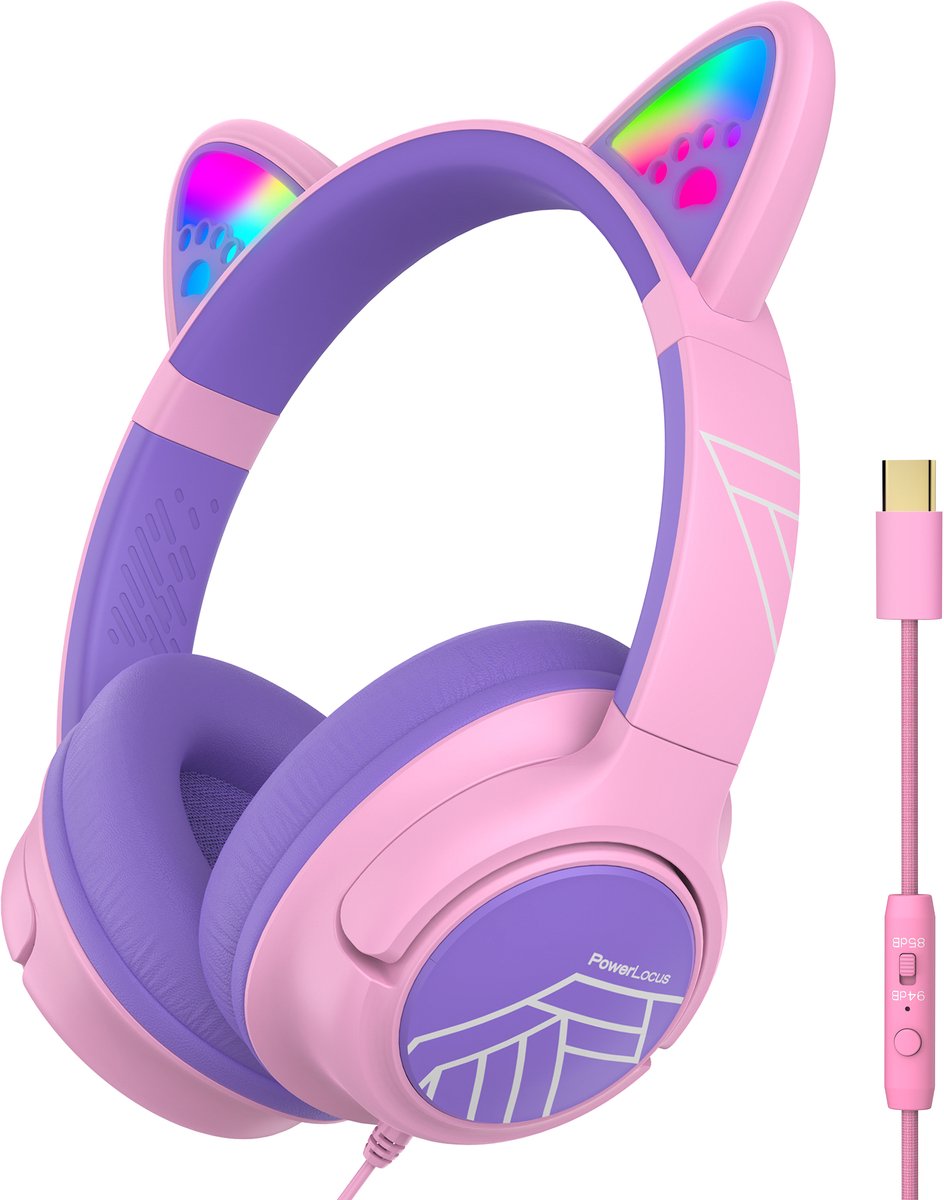 PowerLocus Bobo – USB-C Kinder Koptelefoon met Draad - Koptelefoon voor kinderen - Veilig volume van 85dB en 94dB - Katten Oortjes - Led Verlichting - Met microfoon – Stickers – Paars/Roze