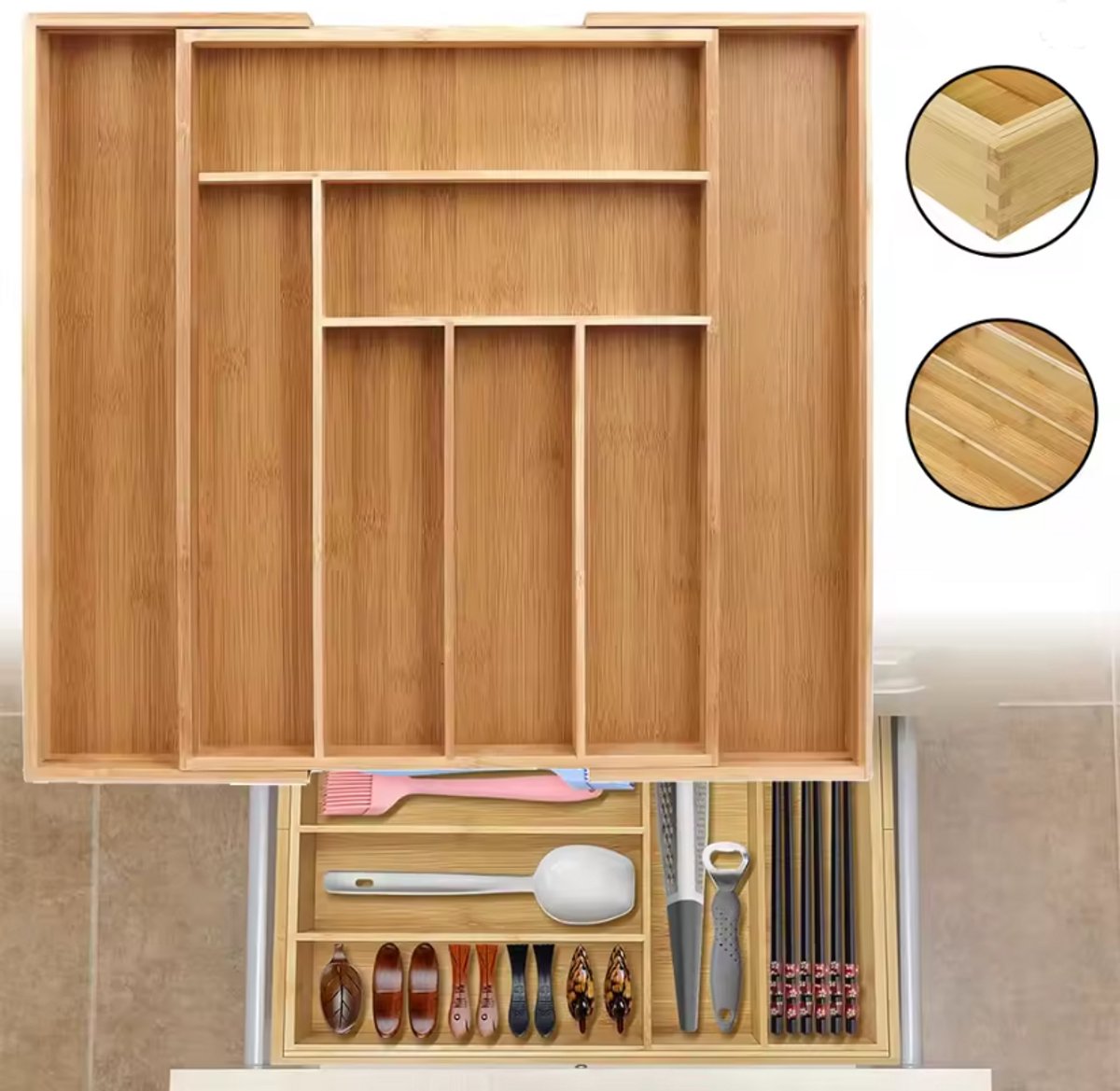 Bamboe Bestekbak Uittrekbaar & Verstelbaar - 32 tot 48 cm - Houten Bestekbak voor Lade - Bestekorganizer Keuken - Lade Indeling