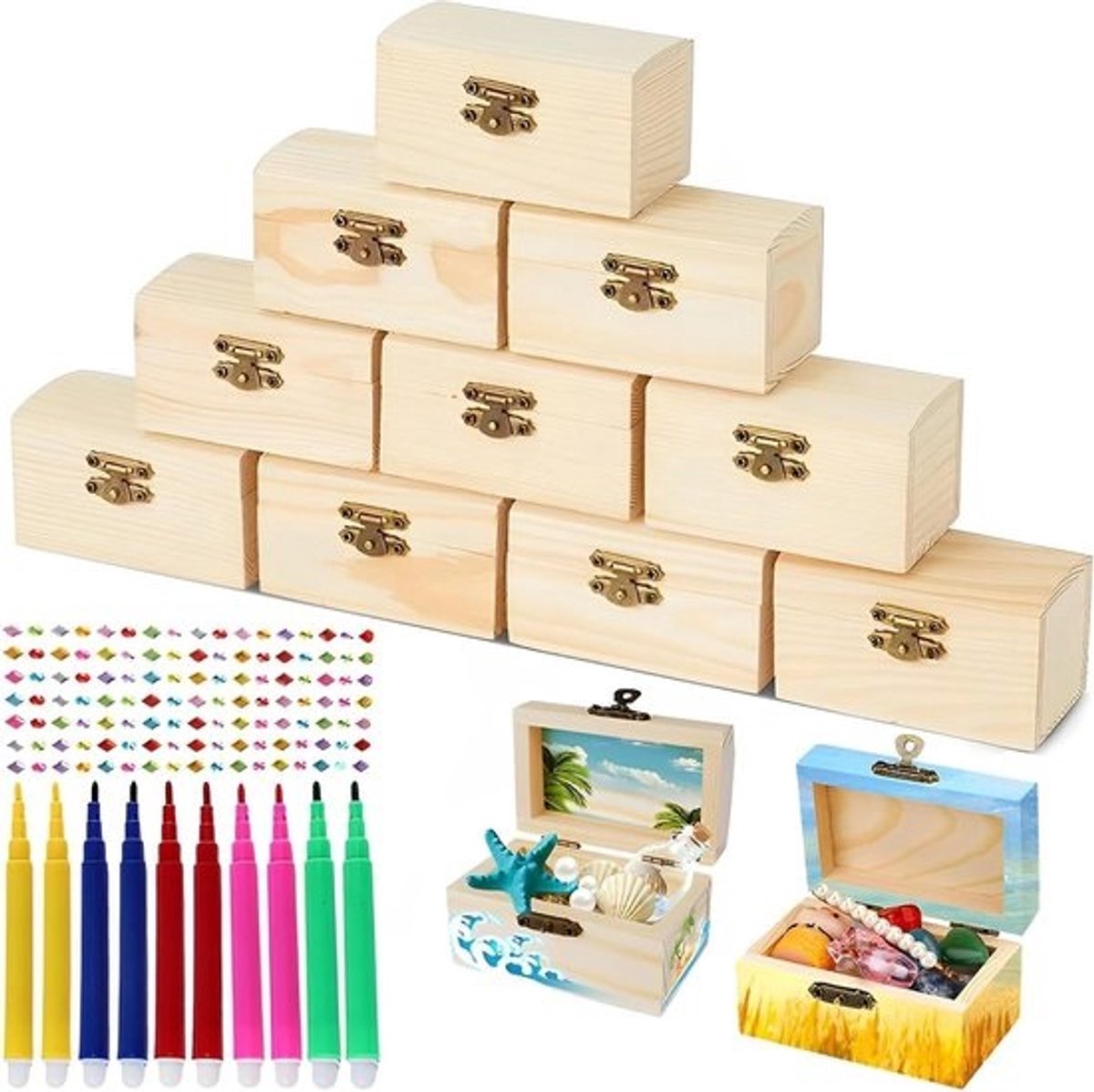 Mini-schatkisten set van 10 - Houten sieradenkistjes voor knutselprojecten en verjaardagsfeesten