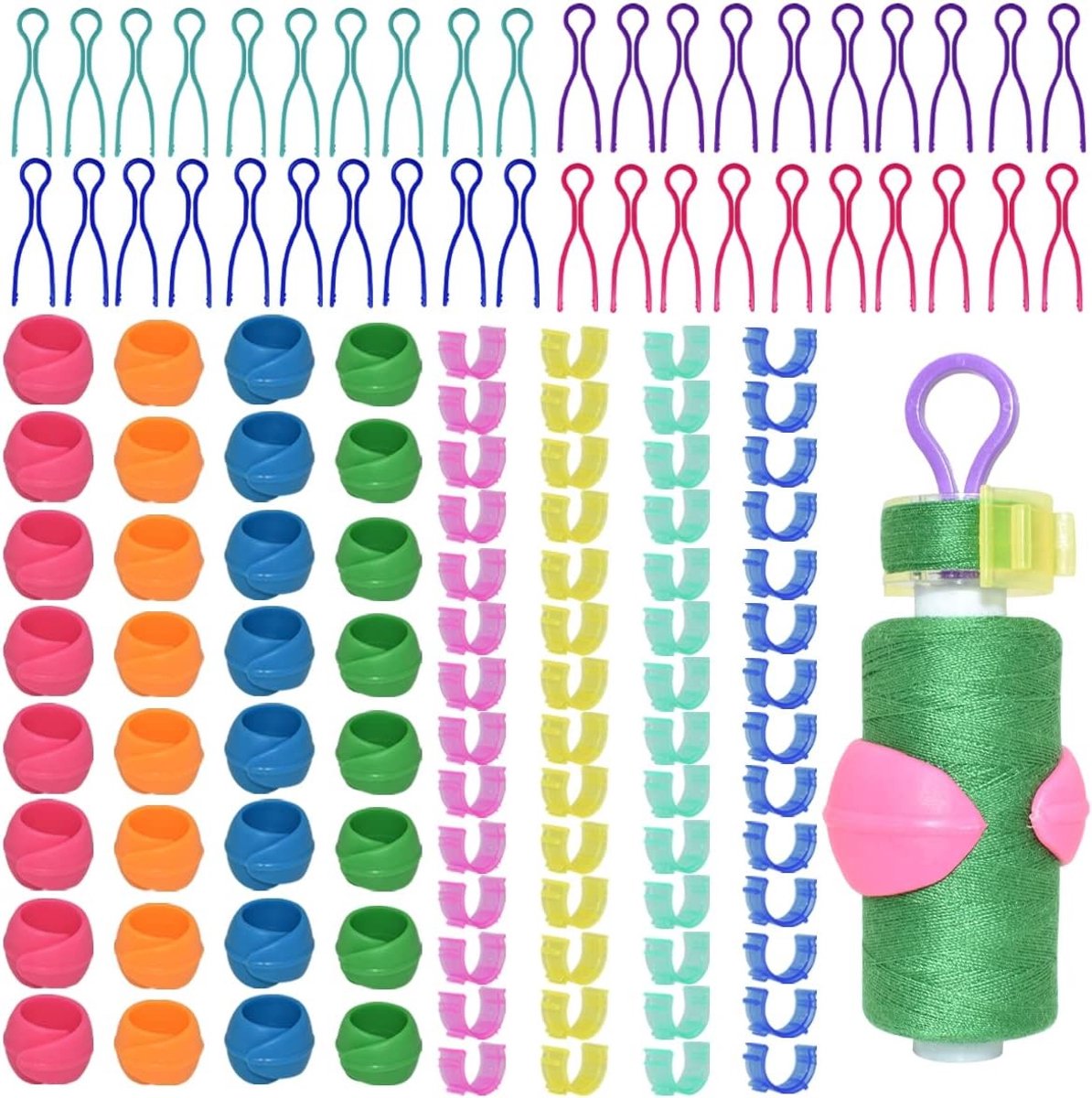142-delige set met clips voor het organiseren van spoelen, inclusief 70 houders en 32 siliconen clips voor quilt- en naaimachines, ideaal voor draadbeheer en efficiëntie in je naaiprojecten.