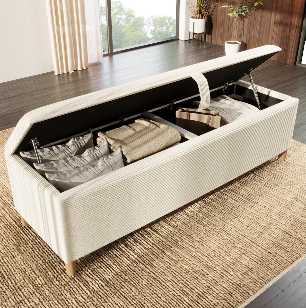 REDOM - Bedbank met opbergruimte - Hydraulische opbergbox - Opklapbaar deksel - Voor slaapkamer, woonkamer en hal - Corduroy en hout - Beige - 145 x 38 x 46 cm