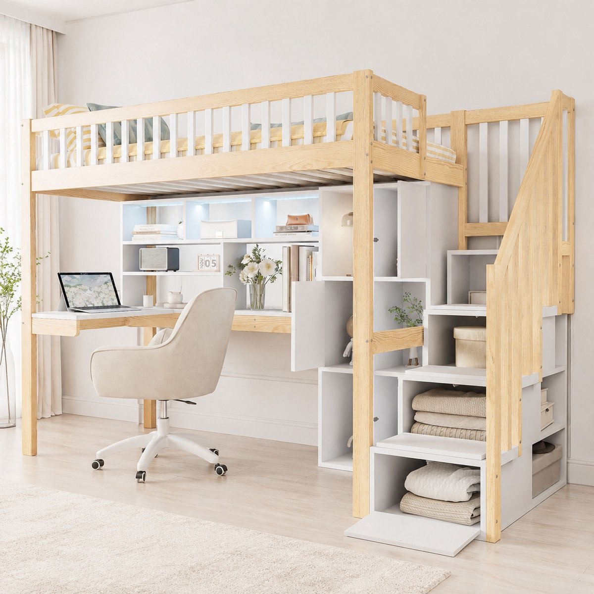 REDOM - Hoogslaper met bureau en opbergleider - LED-verlichting - Opbergvakken en planken - Zonder matras - Hout en MDF - Wit/Naturel - 250 x 95 x 165 cm