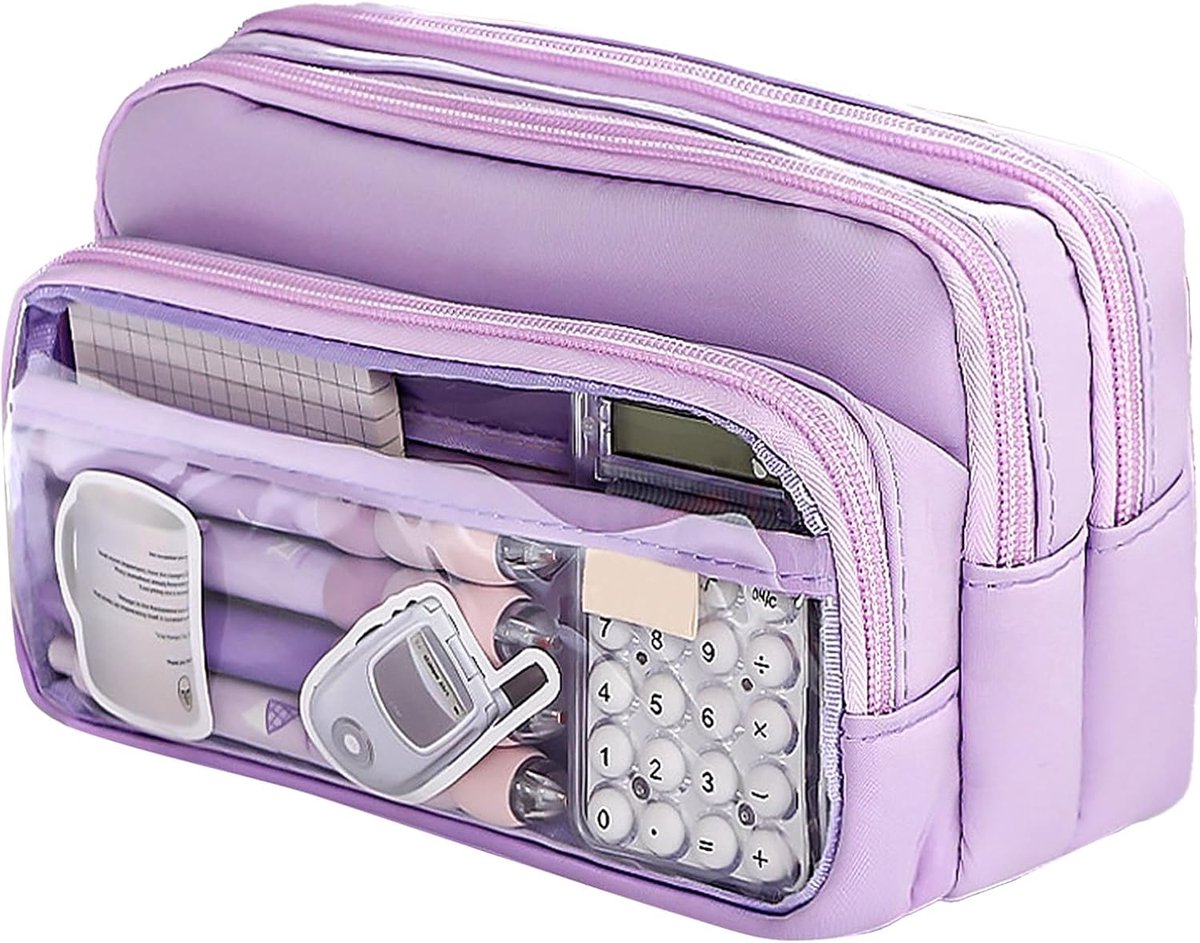 VHV - Etui 4 Vakken- Grote Capaciteit Pennenzak - 21x8x12 cm - Transparant Voorvak -Draagbaar Pencil case - Voor School Examen, Kantoor - Paars