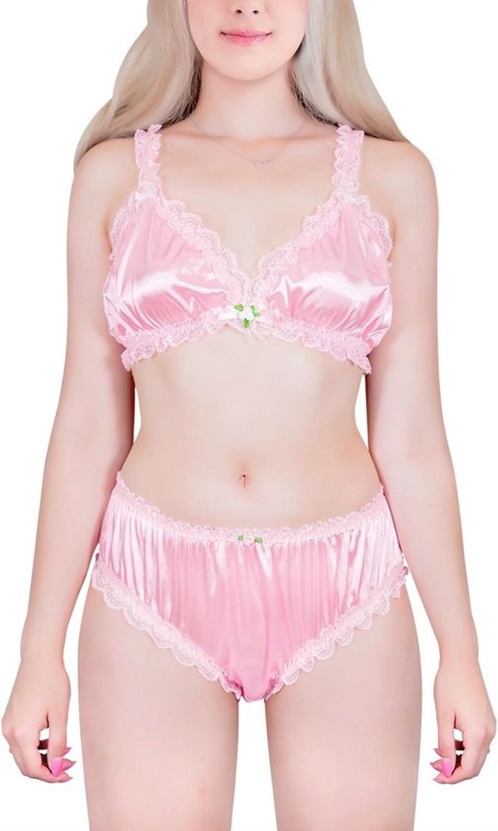 Satijnen Bralette en Slipje Set met Kant en Verstelbare Bandjes - Lingerie voor Heren en Dames
