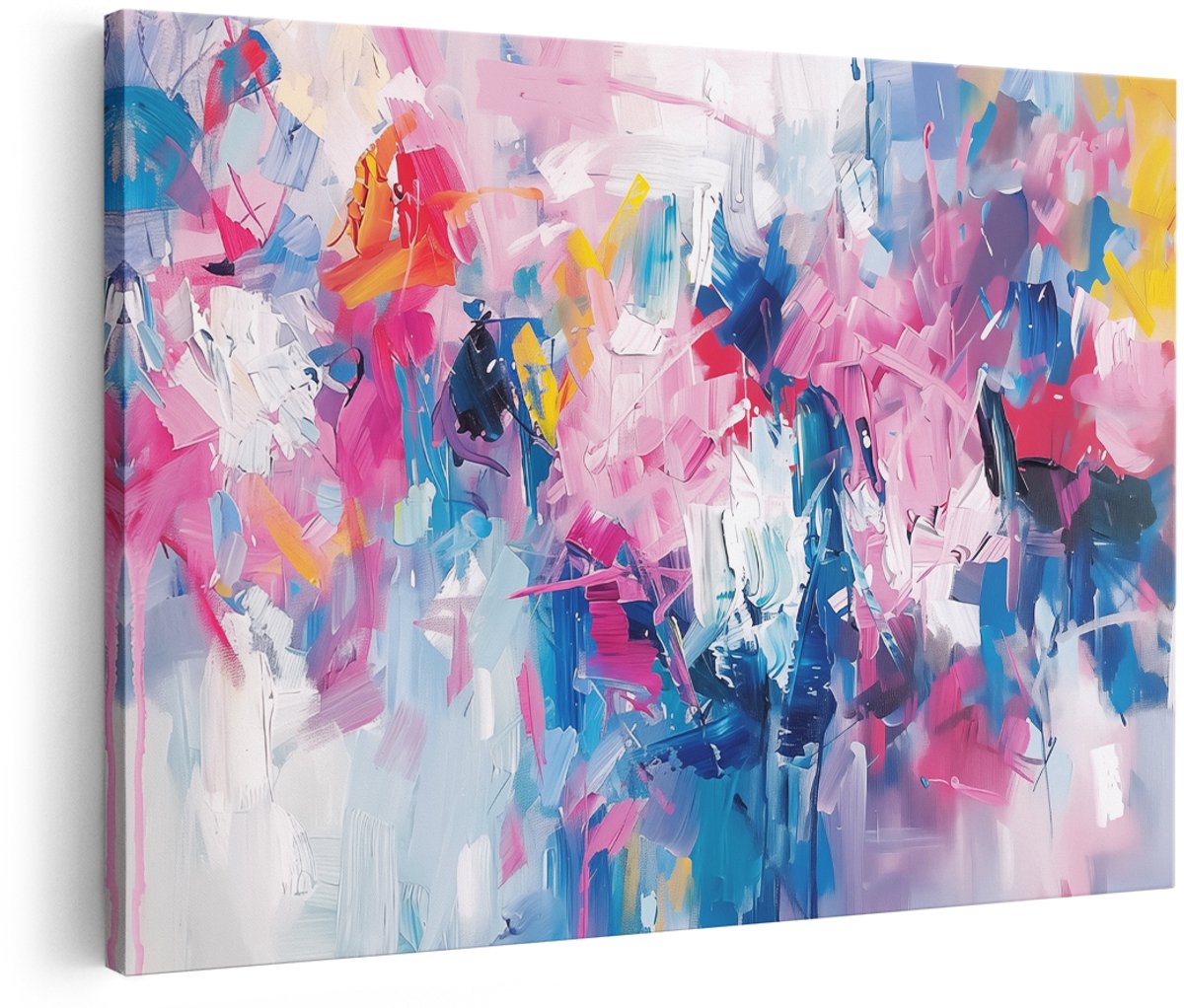 Artaza Canvas Schilderij Abstract met Blauwe Roze en Gele Kleuren - 180x120 cm - Groot - Wanddecoratie Woonkamer - Schilderijen - Muurdecoratie
