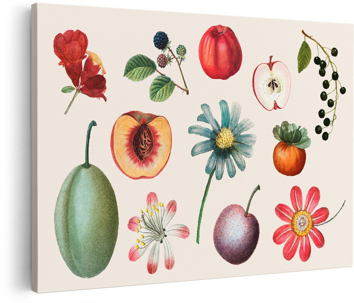 Artaza Canvas Schilderij Bloemen En Fruit - 180x120 cm - Groot - Vintage Wanddecoratie - Muurdecoratie Botanisch - Decoratie Woonkamer