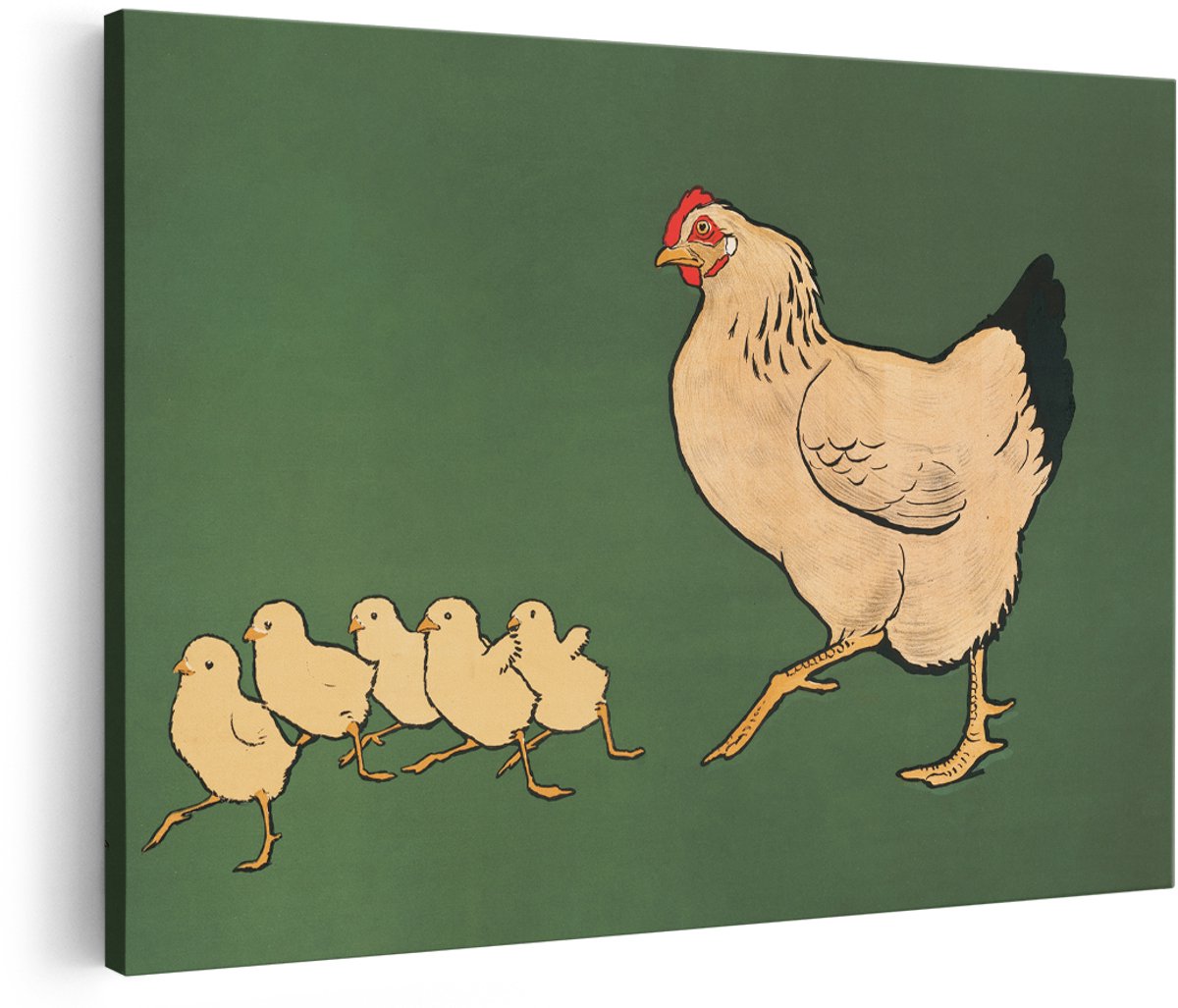 Artaza Canvas Schilderij Kip Met Kuikens - 180x120 cm - Groot - Vintage Wanddecoratie Dieren - Muurdecoratie Boerderij - Decoratie Woonkamer