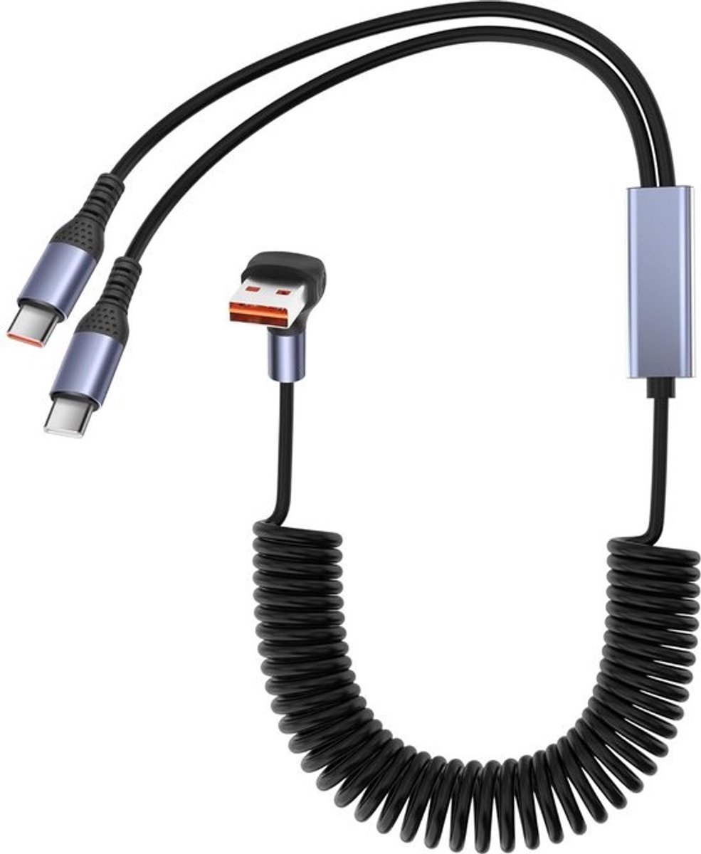 90 Graden USB A naar Dubbele USB-C Spiraalkabel met Veerfunctie voor Snel Opladen en Data