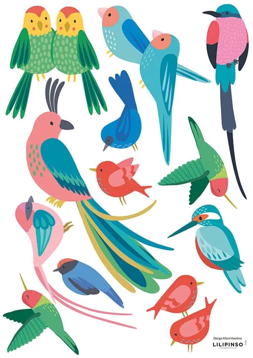 Lilipinso muursticker A3 tropische vogels gekleurd
