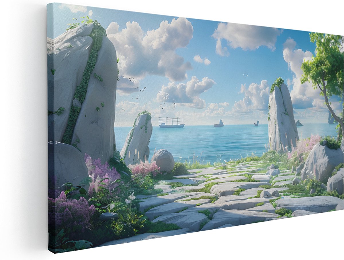 Artaza Canvas Schilderij Oceaan Landschap - 180x90 cm - Groot - Wanddecoratie Rotsen - Muurdecoratie Natuur - Schilderijen Op Canvas Bloemen