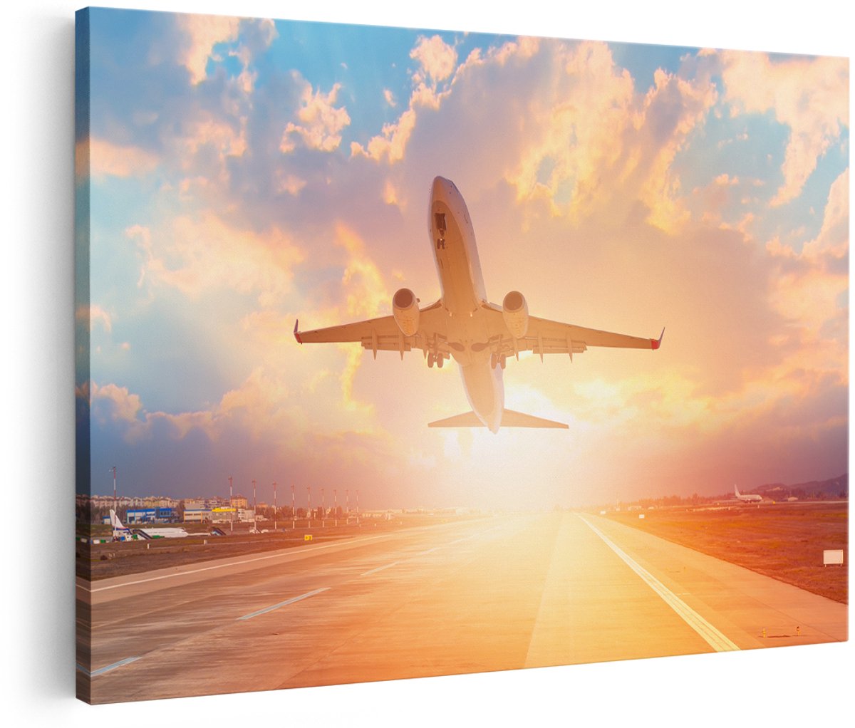 Artaza Canvas Schilderij Vliegtuig Stijgt Op Het Landingsbaan Met Zon - 180x120 cm - Groot - Wanddecoratie Woonkamer - Schilderijen - Muurdecoratie