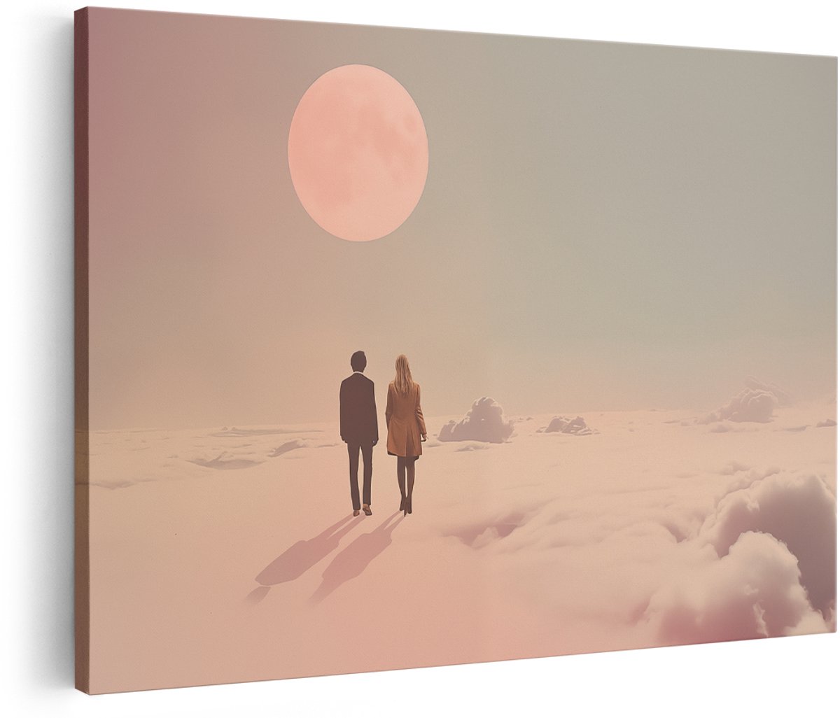 Artaza Canvas Schilderij Twee Mensen op Wolken met een Volle Maan - 180x120 cm - Groot - Wanddecoratie Woonkamer - Schilderijen - Muurdecoratie