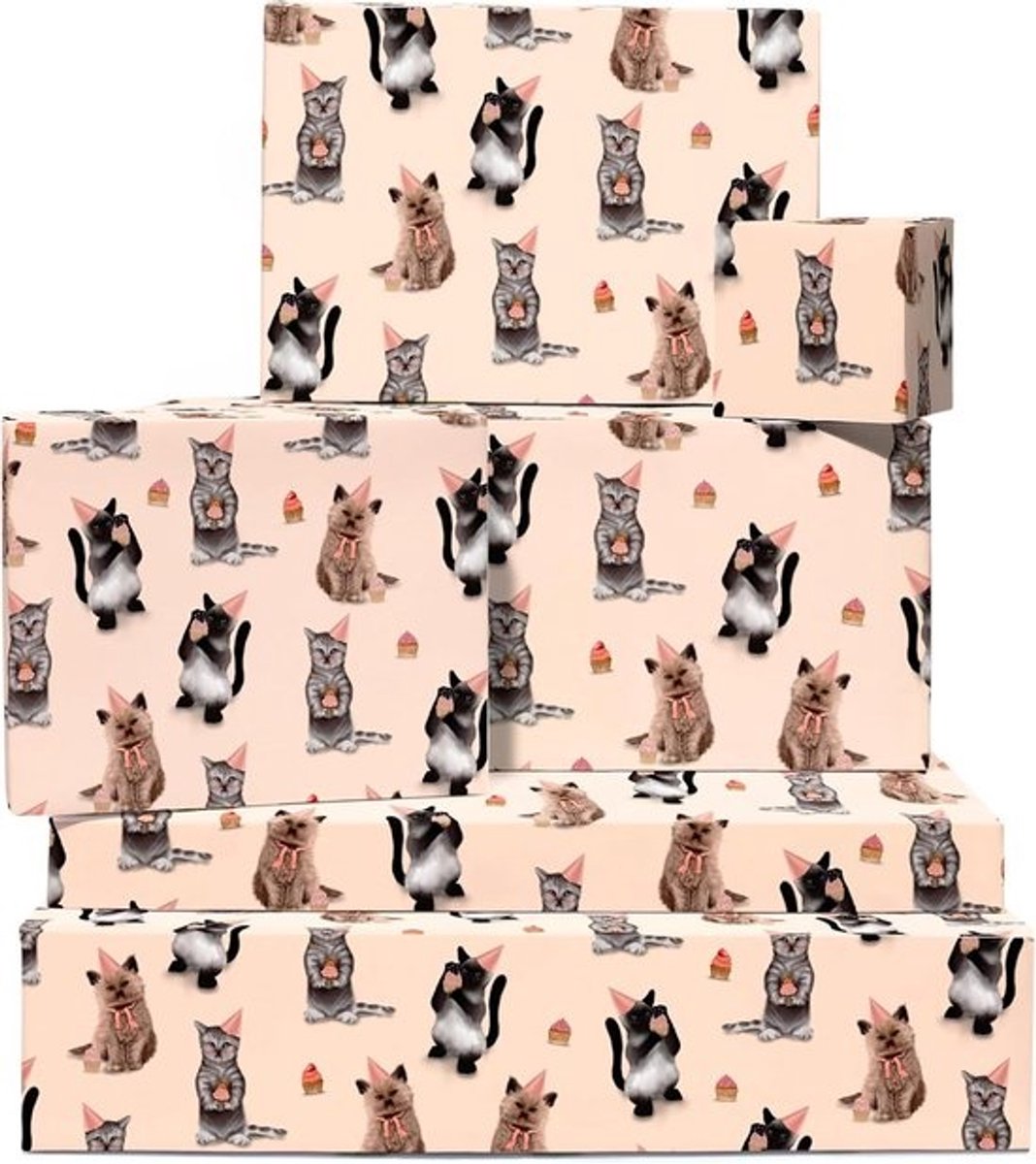 6 Vellen Cadeaupapier met Katten in Hoeden - Roze Verjaardag & Baby Cadeautjes