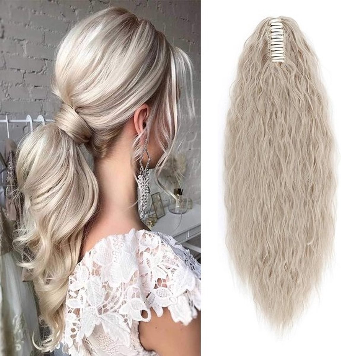 Grof Golvend Haarstuk voor Paardenstaart met Clip - 61 cm - Asblond Mix