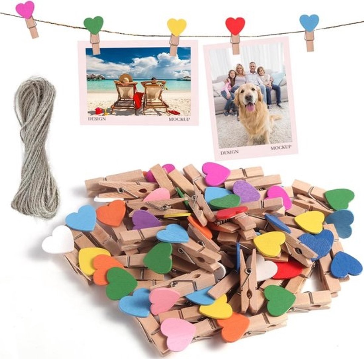 120 Houten Knijpers met 50 Meter Ophangtouw – Kleine Waslijnklemmen voor Foto's en Decoratie