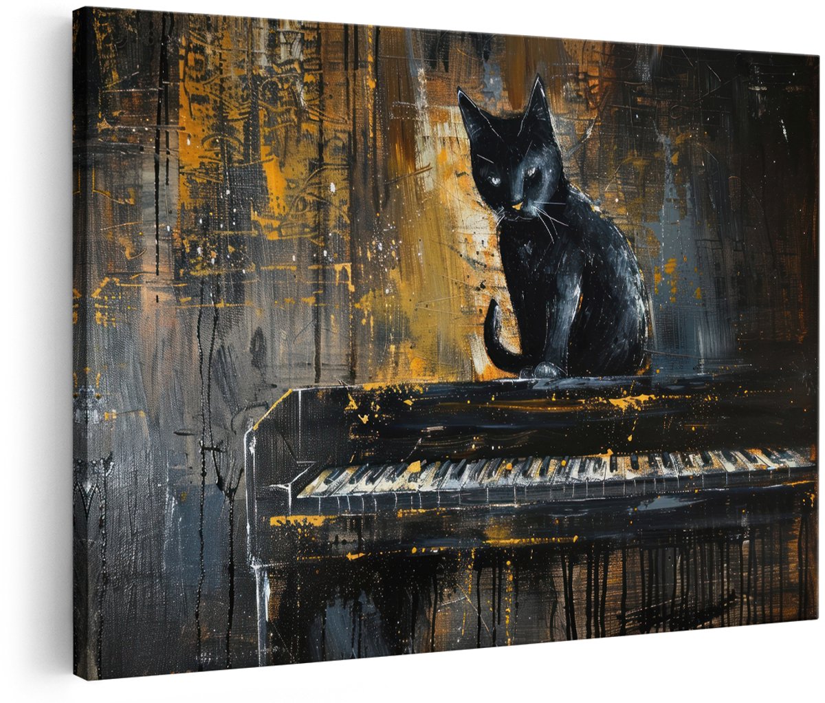 Artaza Canvas Schilderij Zwarte Kat - 180x120 cm - Groot - Wanddecoratie Abstract Schilderij - Muurdecoratie Piano - Decoratie Goud Zwart