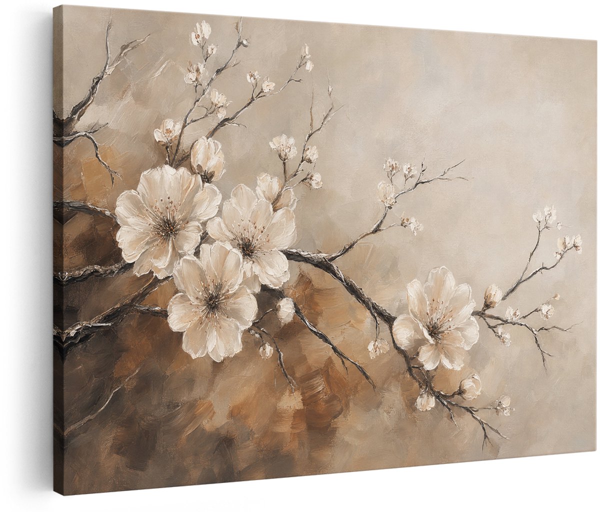 Artaza Canvas Schilderij Bloemen in Beige Tinten - Abstracte Natuur - 180x120 cm - Groot - Wanddecoratie Woonkamer - Schilderijen - Muurdecoratie