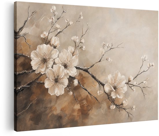Une peinture de branches fleuries aux fleurs blanches sur un fond beige et marron.