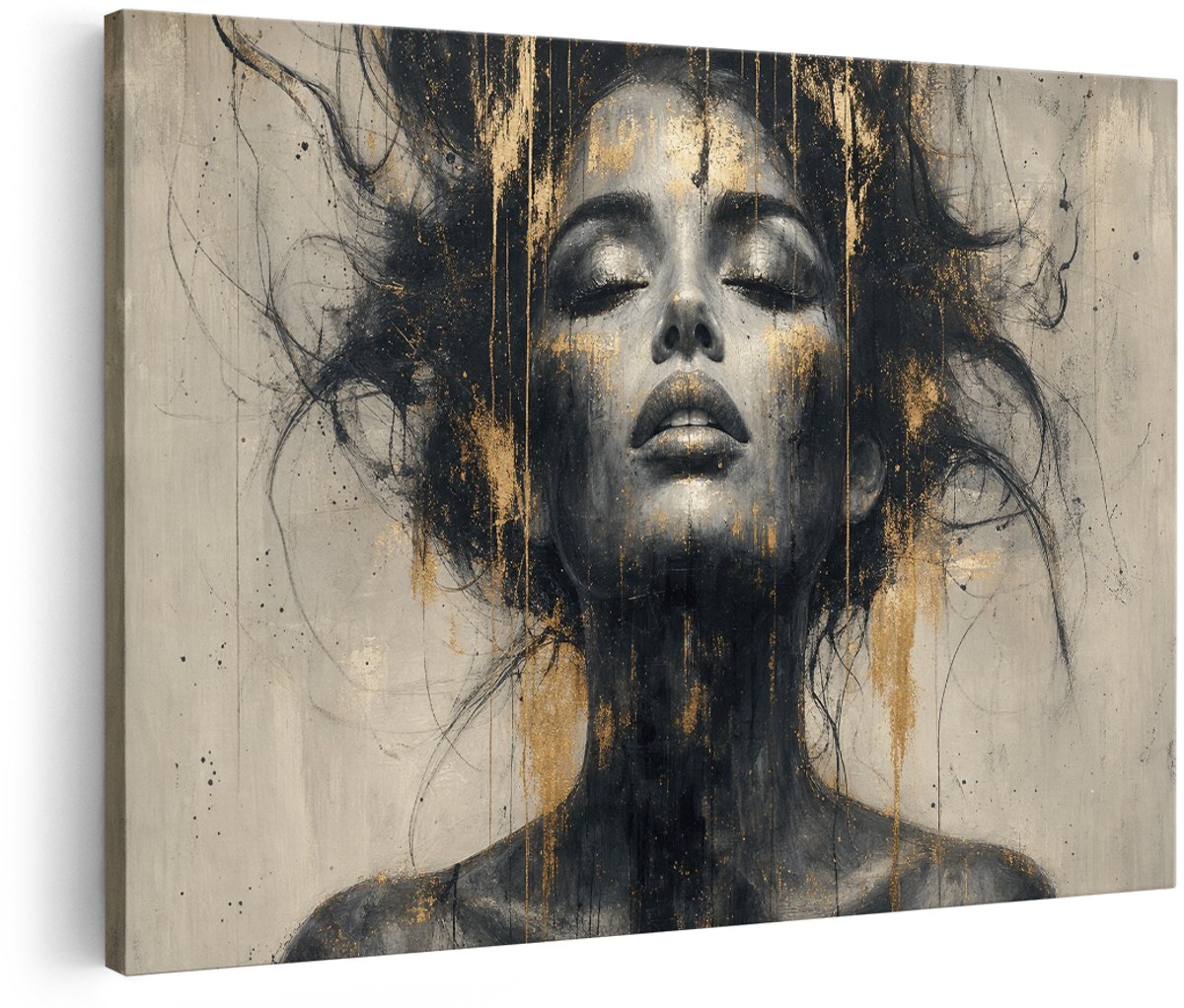 Artaza Canvas Schilderij Vrouw Portret - Abstract Goud en Zwart - 180x120 cm - Groot - Wanddecoratie Woonkamer - Schilderijen - Muurdecoratie
