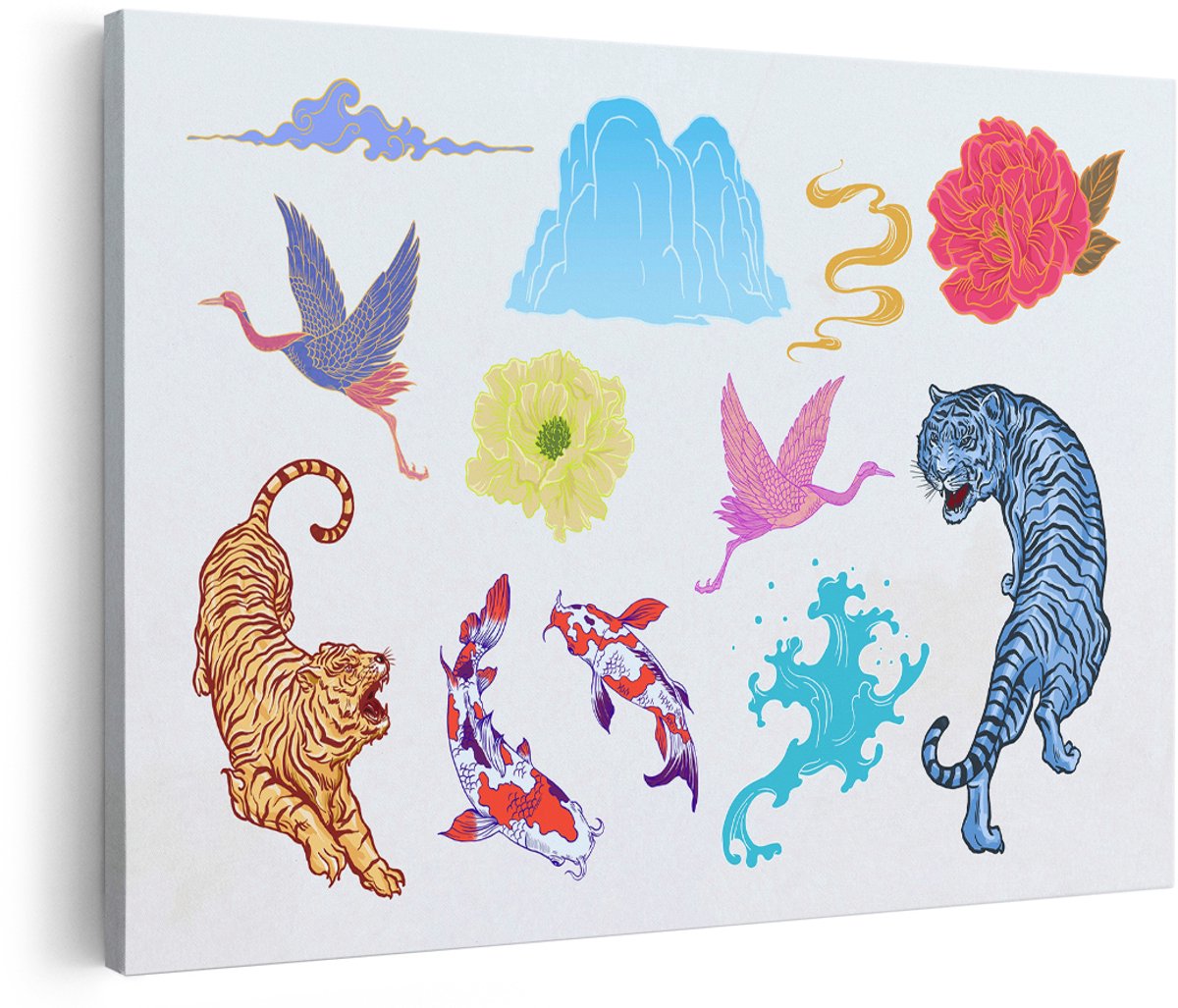 Artaza Canvas Schilderij Aziatische Illustraties - 180x120 cm - Groot - Wanddecoratie Tijger - Muurdecoratie Koi En Kraanvogel - Decoratie Bloemen