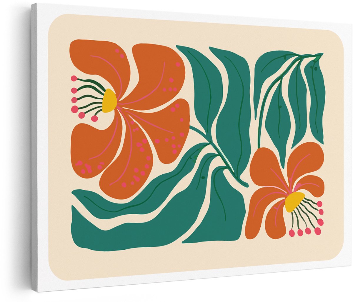 Artaza Canvas Schilderij Abstract Bloemen - 180x120 cm - Groot - Wanddecoratie Boho - Muurdecoratie Modern - Decoratie Bladeren - Oranje Groen
