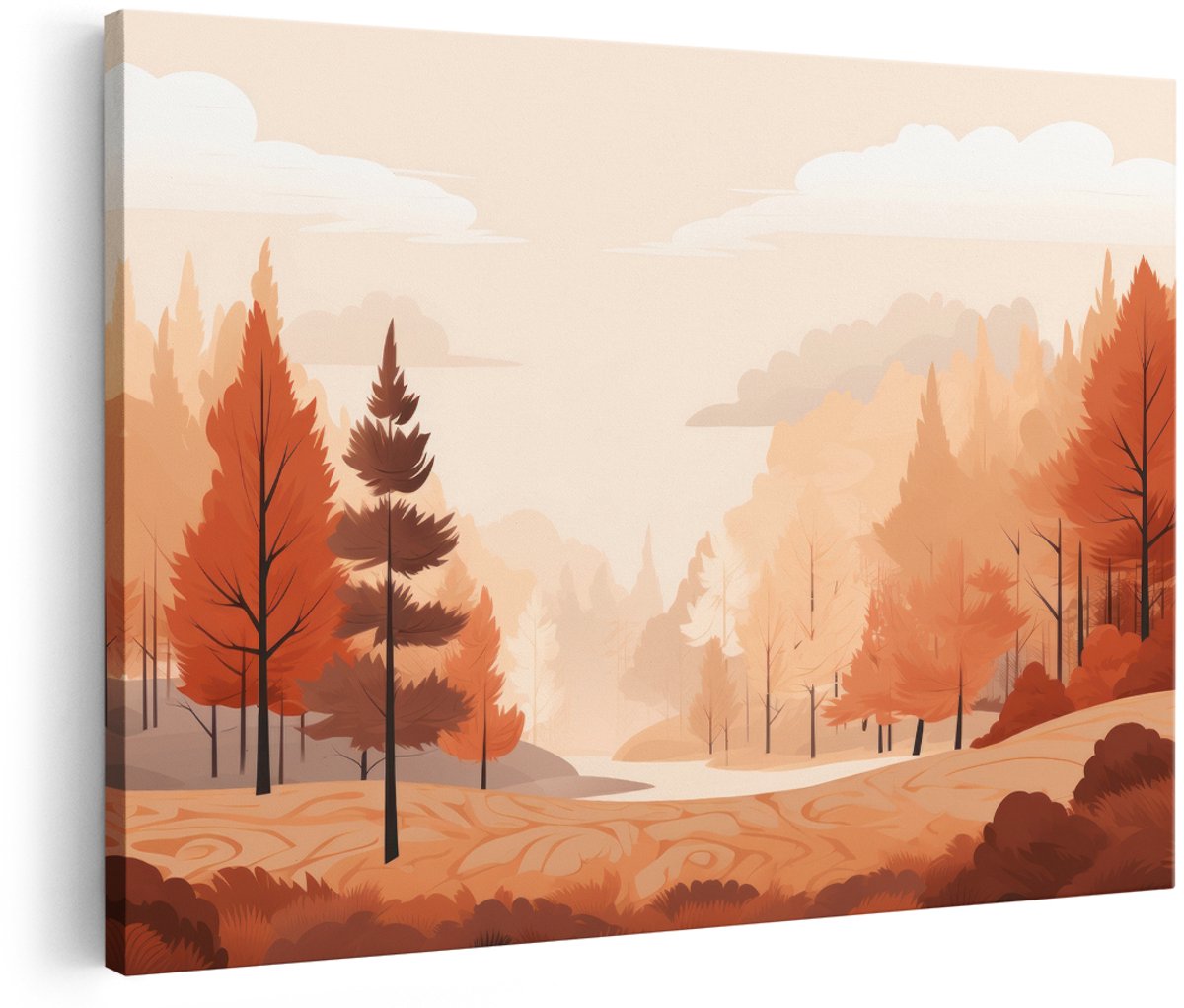Artaza Canvas Schilderij Herfstlandschap - 180x120 cm - Groot - Wanddecoratie Bos - Muurdecoratie Natuur - Decoratie Bomen - Oranje