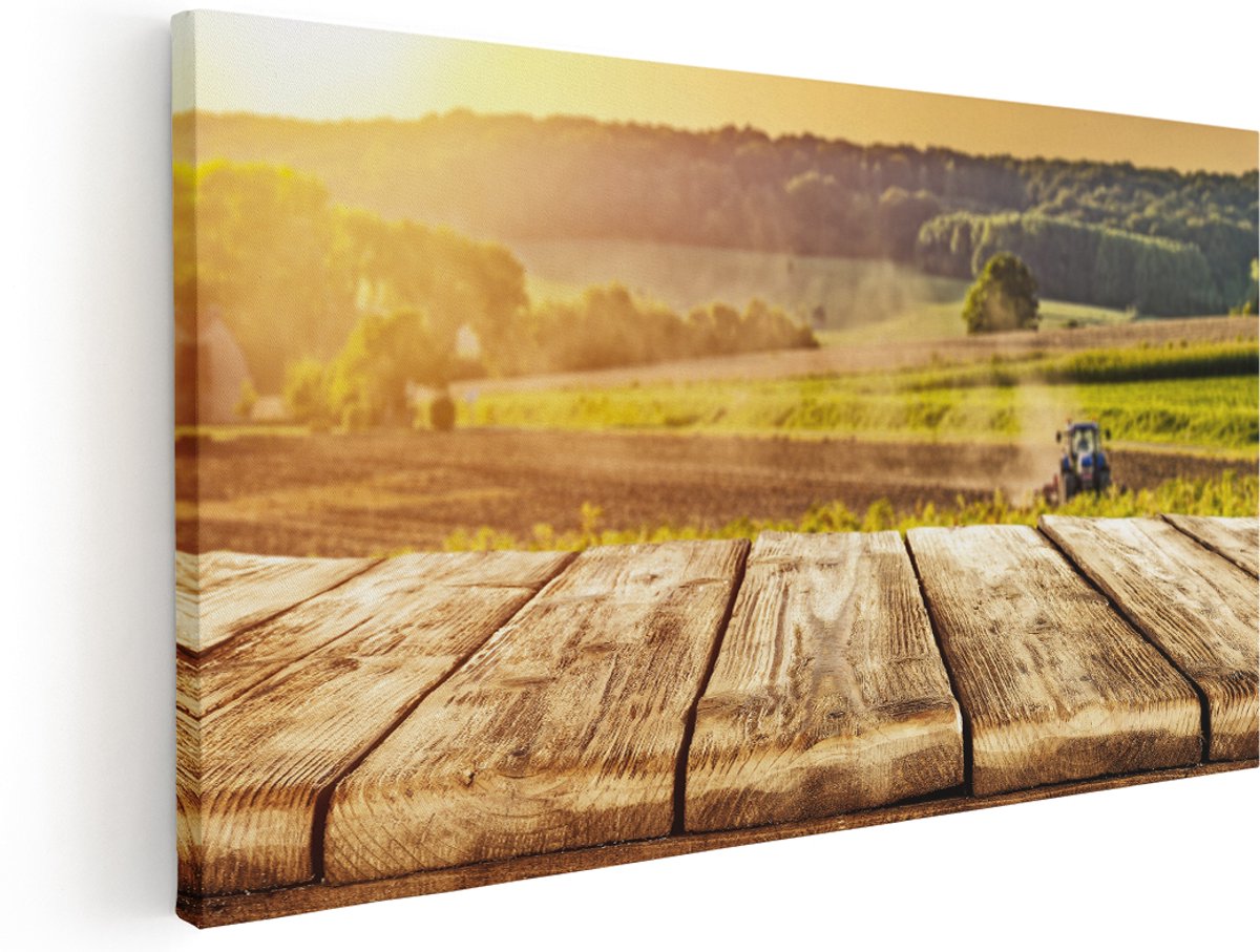 Artaza Canvas Schilderij Tractor in het Veld met Houten Planken - 180x90 cm - Groot - Wanddecoratie Woonkamer - Schilderijen - Muurdecoratie