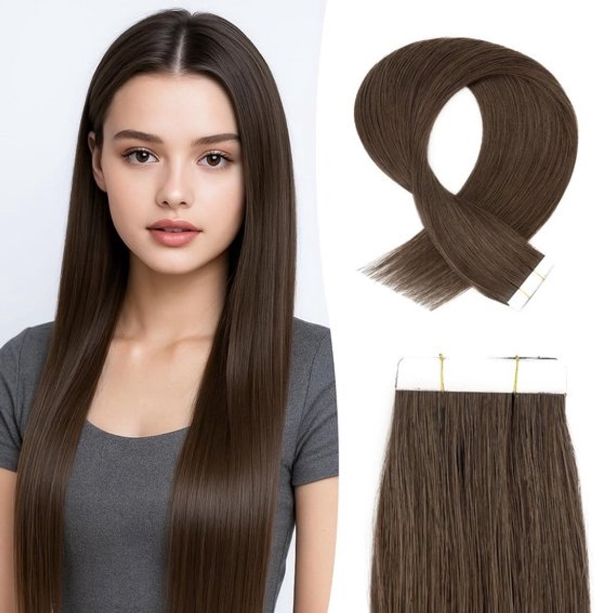 Haarextensions Tape 10 Delen 55cm Donkerbruin Remy Haarextensie Natuurlijk 22 Inch Huidweefsel