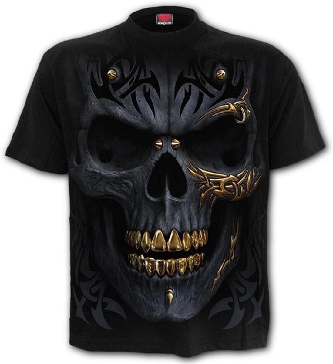 Zwart T-Shirt met Gothic Schedelprint en Gouden Details | Rock & Horror Kleding