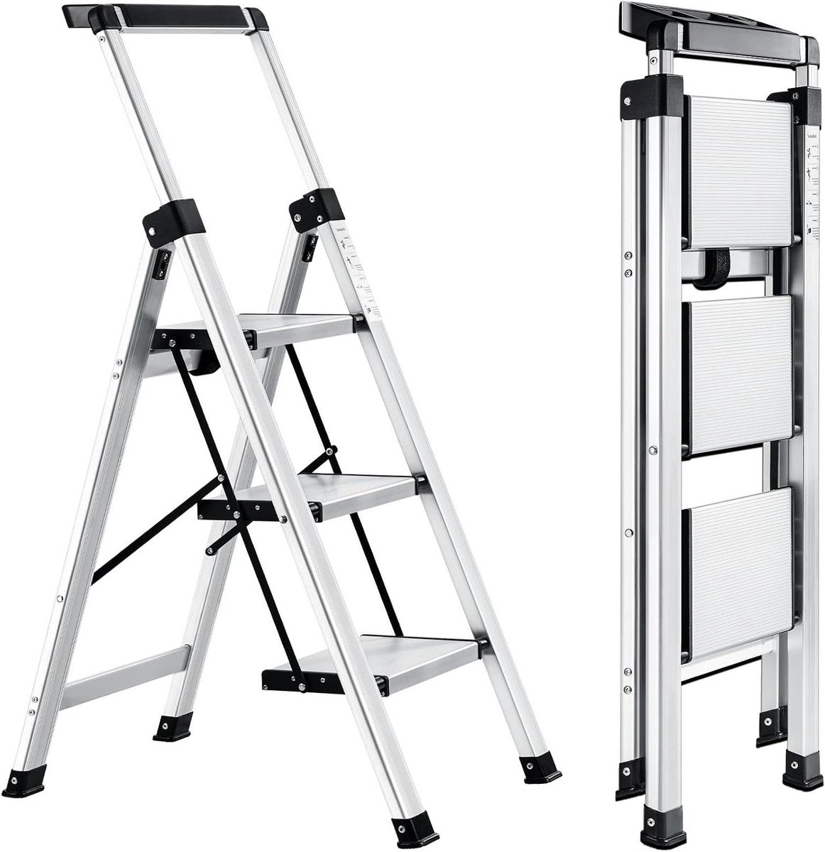 Trapladder met leuning - Vouwladder huishouden - Veilig klussen - Met gereedschapsbak - 3 treden - Zilverkleurig