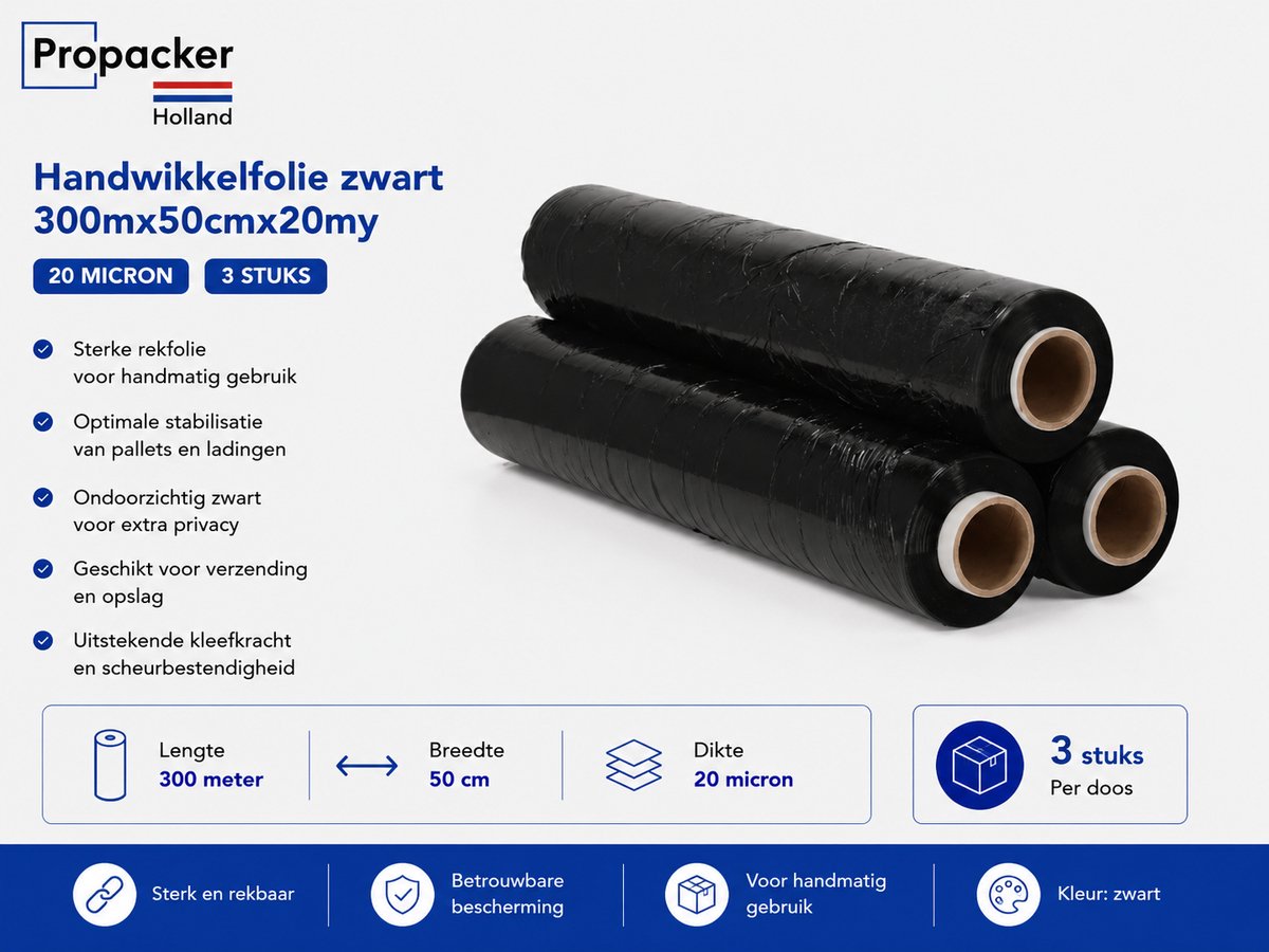 Handwikkelfolie Zwart 50 cm x 300 m x 20 Micron – 3 Rollen – Rekfolie voor Pallets – Stretchfolie - Propacker