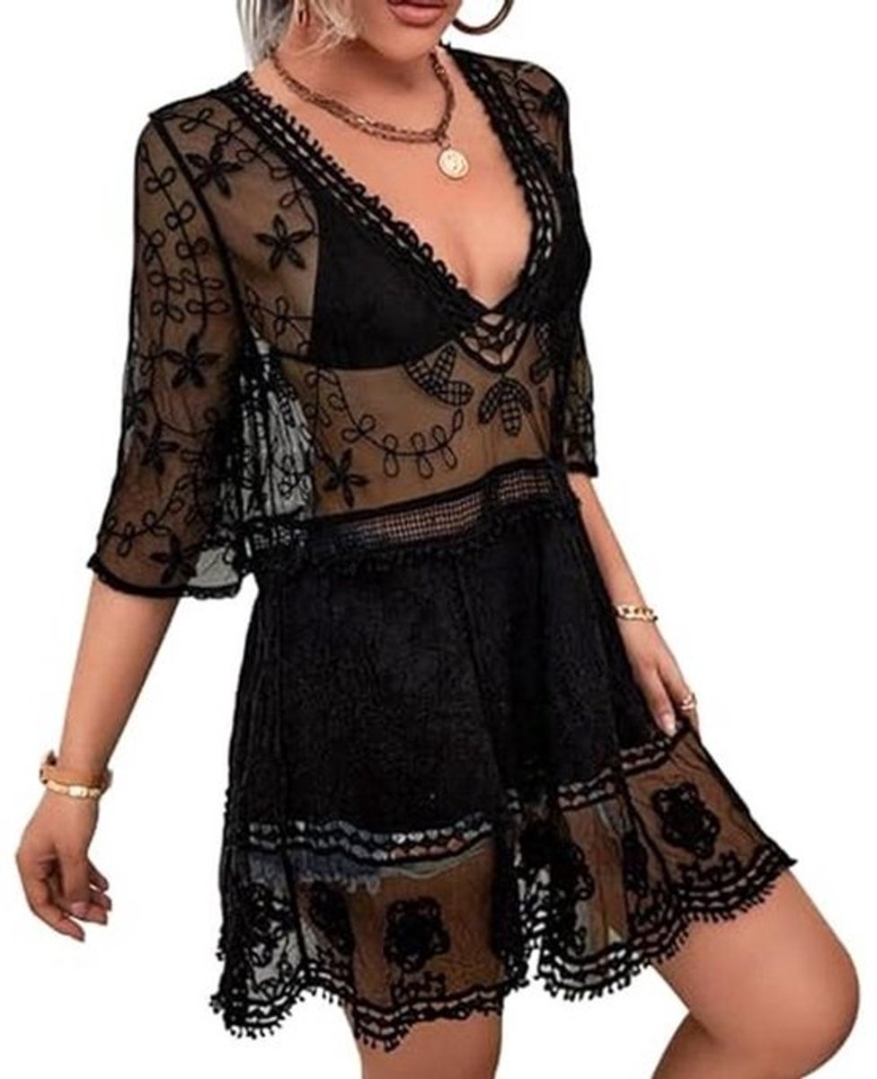 V-hals Strandjurk voor Dames, Elegante Zomerjurk, Transparante Strandponcho, Bikini-Cover-Up