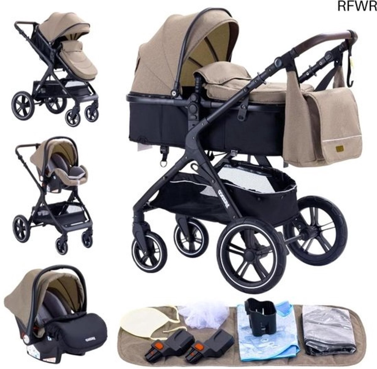 3-in-1 Kinderwagen Met Driewieler Design - Hoge Landschap, Vouwbaar, Geschikt Voor Kinderen Van 0-36 Maanden in Khaki