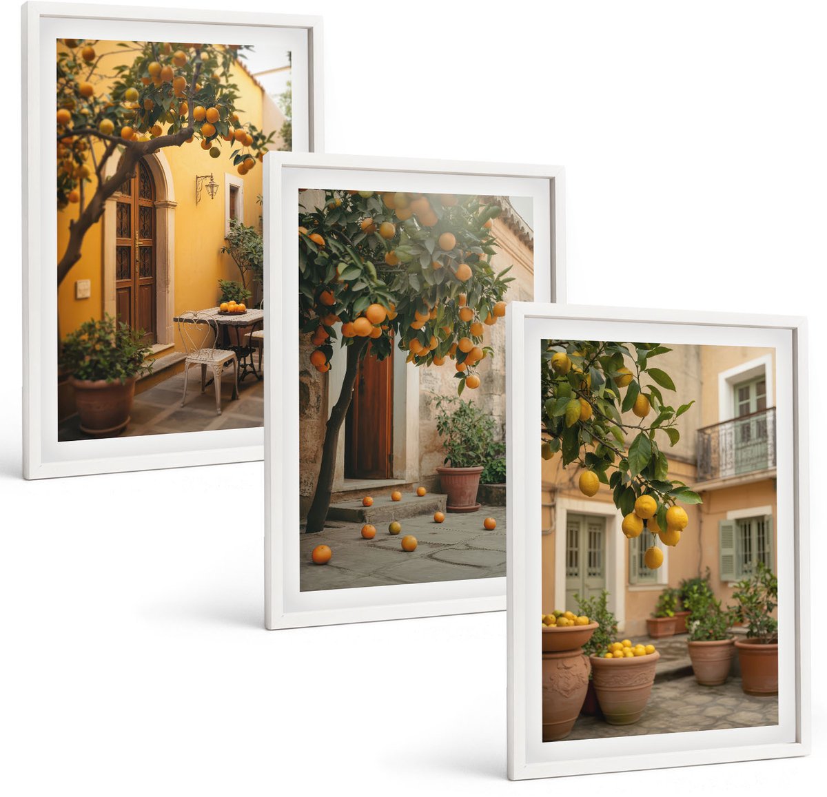Wallfluent 3-Delige Schilderij Set - Tuin Met Citrusbomen Op Een Zonnige Locatie - 40 x 60 - Moderne Wanddecoratie - Slaapkamer - Woonkamer Decoratie