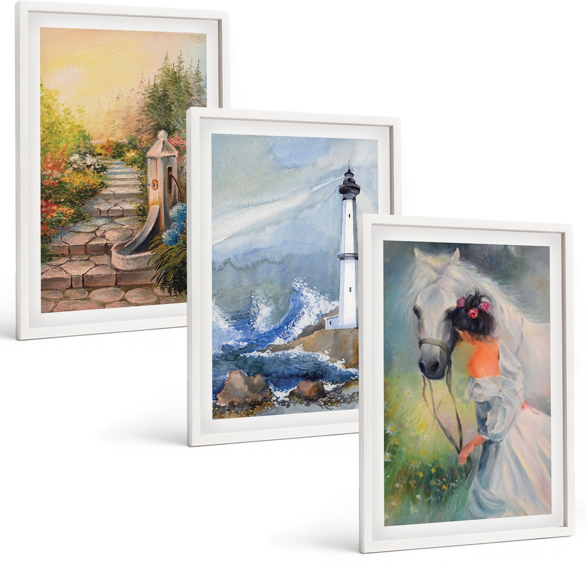 Wallfluent 3-Delige Schilderij Set - Natuurlandschap, Vuurtoren En Meisje Met Paard - 40 x 60 - Schilderijen Set - Wanddecoratie - Woonkamer - Decoratieve Schilderijen