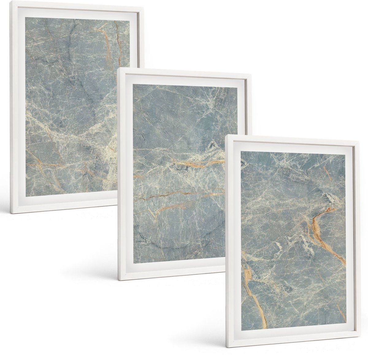 Wallfluent 3-Delige Schilderij Set - Decoratieve Steenstructuur Van Groen Geaderd Marmer. - 40 x 60 - Muurdecoratie - Wanddecoratie - Slaapkamer - Decoratieve Schilderijen