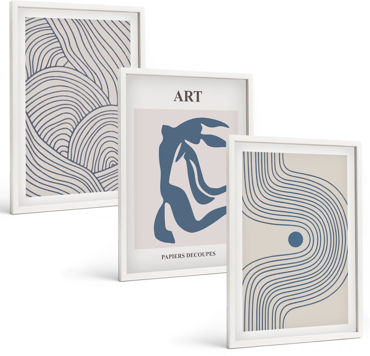 Wallfluent 3-Delige Schilderij Set - Abstracte Patronen Van Lijnen En Vormen In Blauwe Tinten - 40 x 60 - Wanddecoratie - Muurdecoratie - Moderne Interieurdecoratie - Woonkamer Decoratie