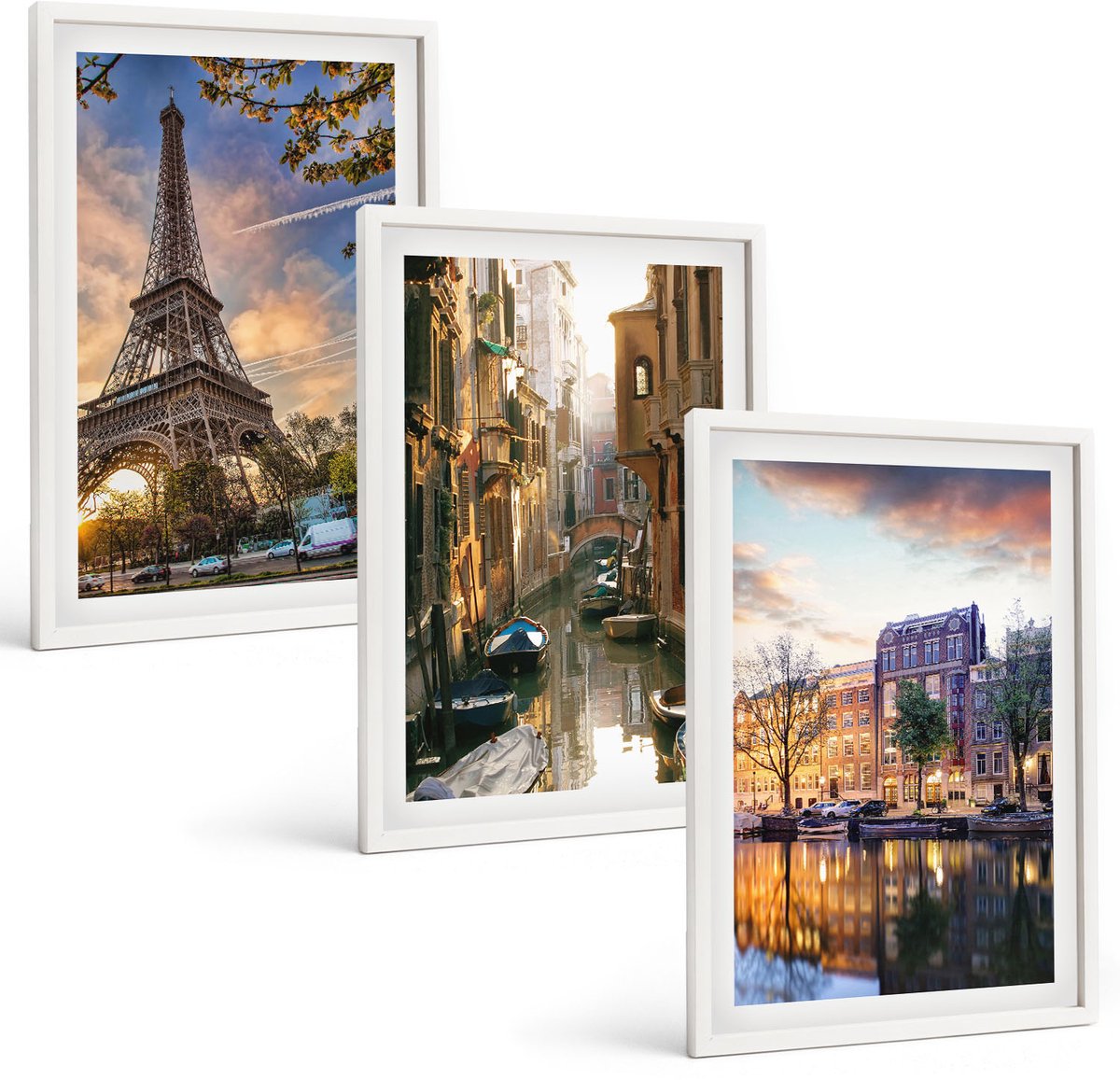 Wallfluent 3-Delige Schilderij Set - De Eiffeltoren, De Grachten Van Venetië En De Straten Van Amsterdam. - 40 x 60 - Muurdecoratie - Decoratieve Schilderijen - Wohnzimmer