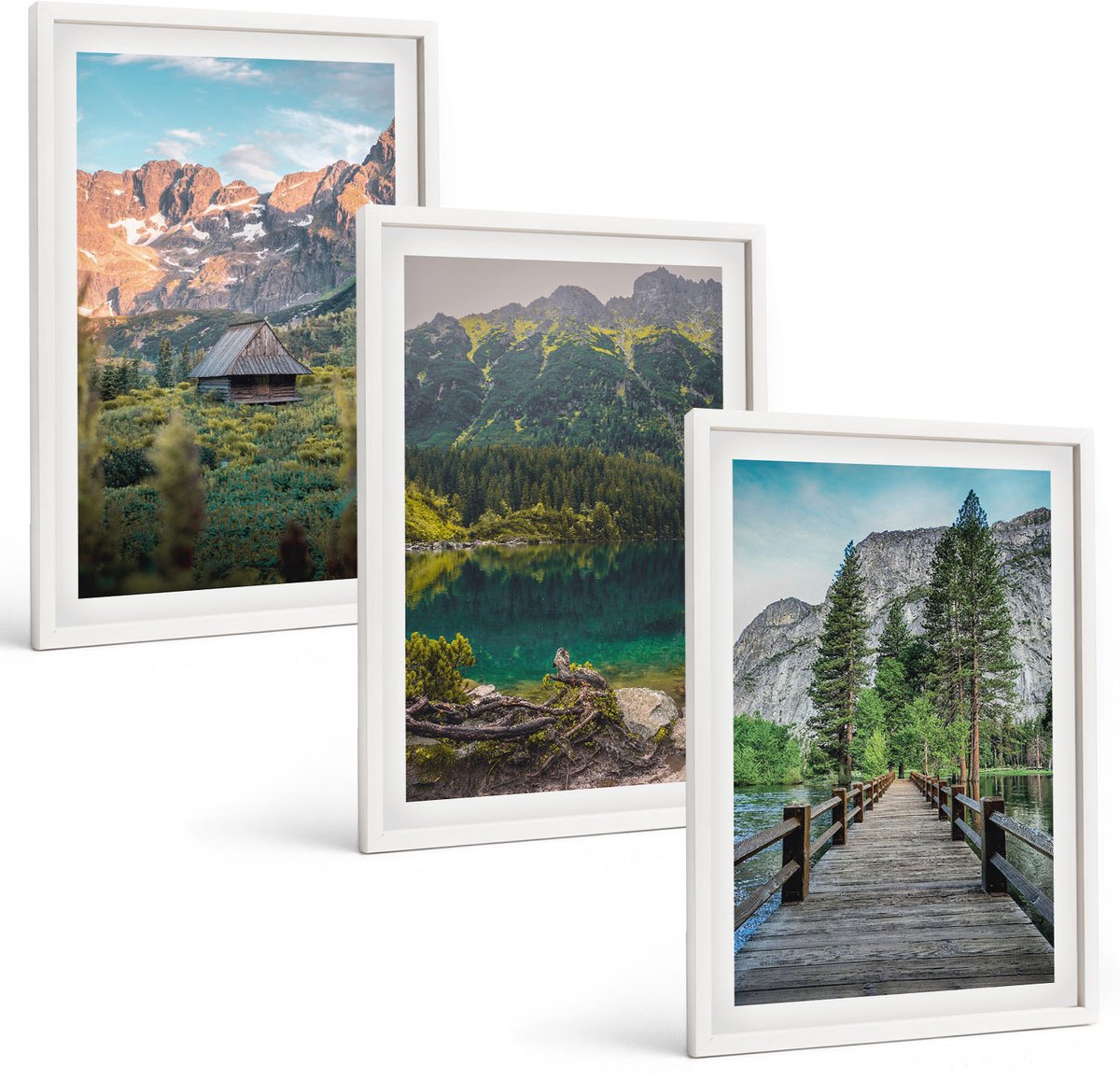 Wallfluent 3-Delige Schilderij Set - Berglandschap Met Een Meer En Een Houten Steiger - 40 x 60 - Muurdecoratie - Wanddecoratie - Slaapkamer - Moderne Wanddecoratie