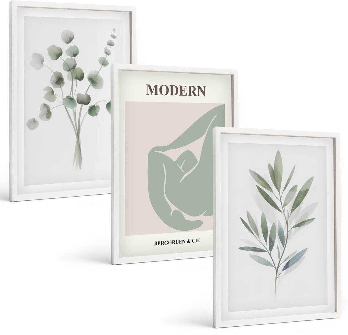 Wallfluent 3-Delige Schilderij Set - Plantmotieven In Delicate Groene Tinten - 40 x 60 - Stijlvolle Wanddecoratie - Interieur - Decoratieve Schilderijen