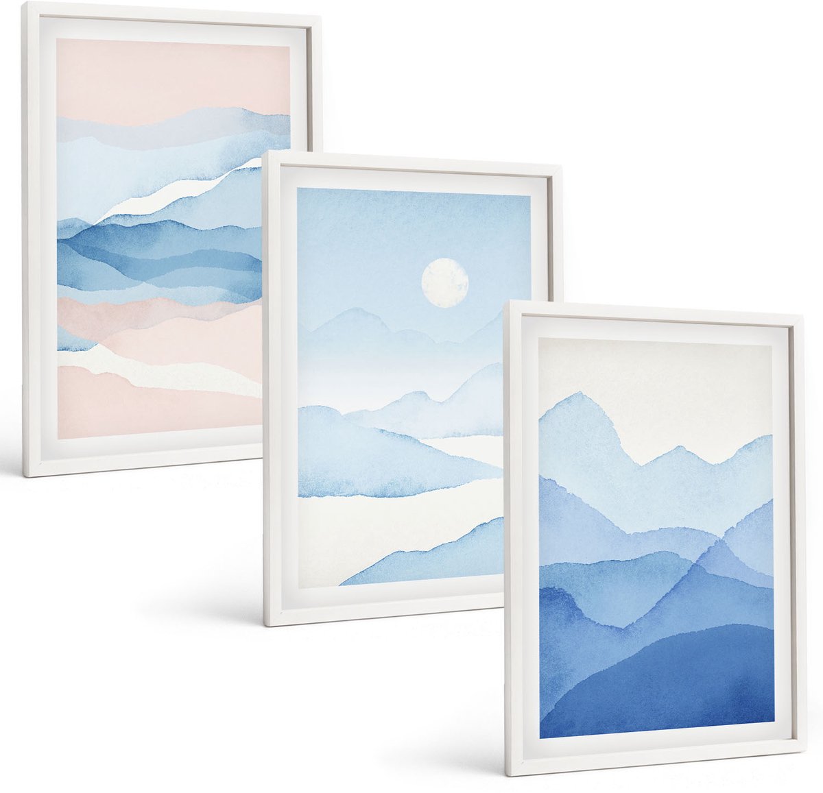 Wallfluent 3-Delige Schilderij Set - Blauwe En Roze Berglandschappen In Aquarel - 40 x 60 - Muurdecoratie - Schilderijen Set - Woonkamer - Moderne Wanddecoratie