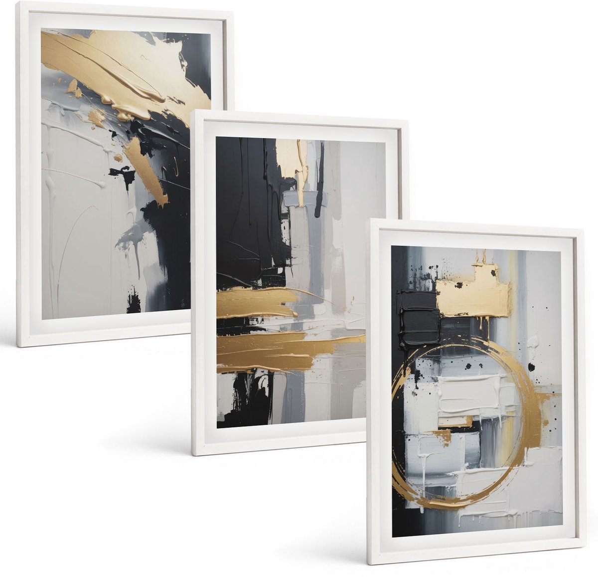 Wallfluent 3-Delige Schilderij Set - Abstracte Schilderijen In Zwart-Wit - 40 x 60 - Decoratieve Schilderijen - Wanddecoratie - Hal - Muurdecoratie