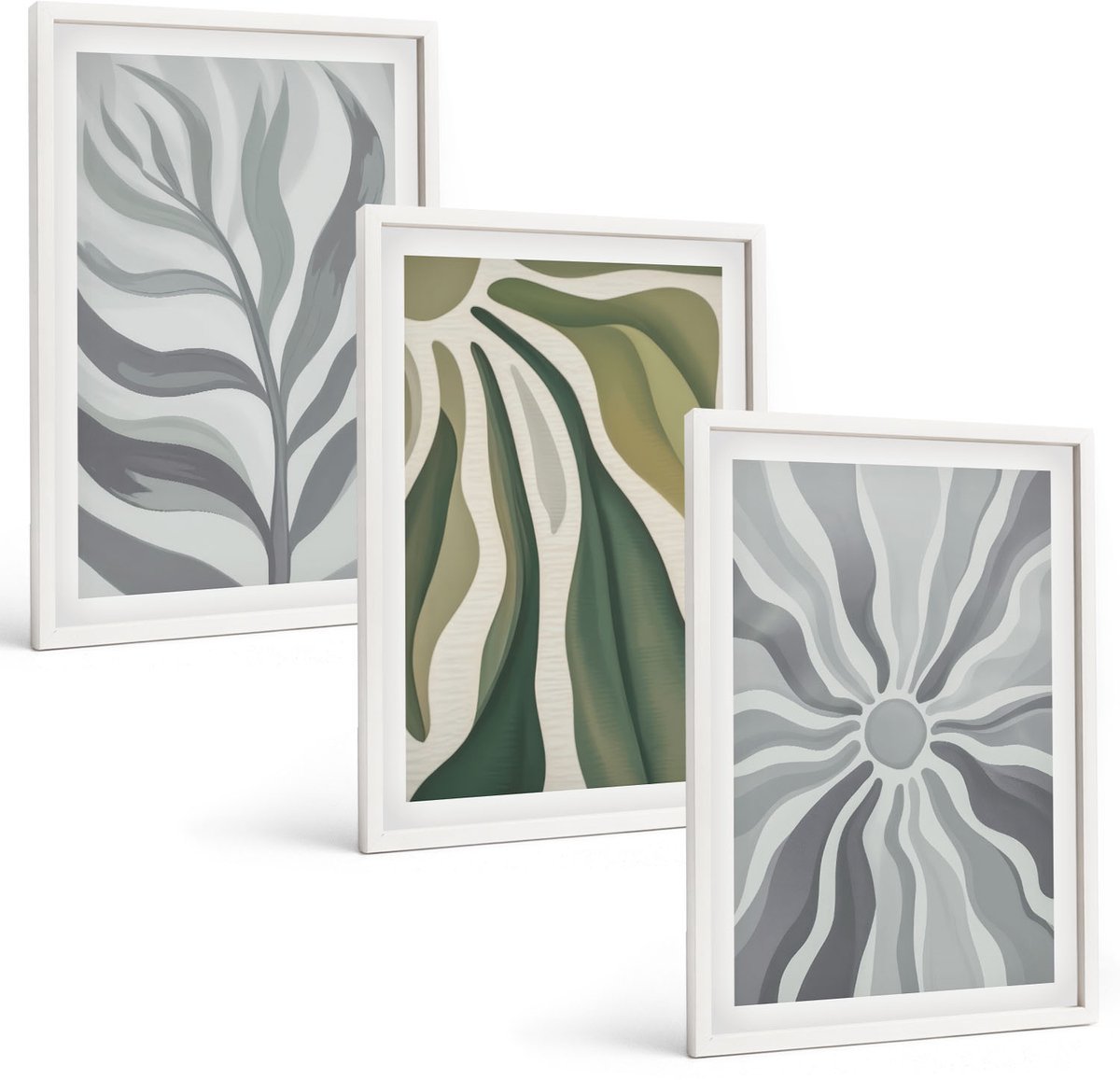 Wallfluent 3-Delige Schilderij Set - Plantenpatronen In Tinten Groen En Grijs - 40 x 60 - Stijlvolle Muurdecoratie - Slaapkamer - Woonkamer Decoratie