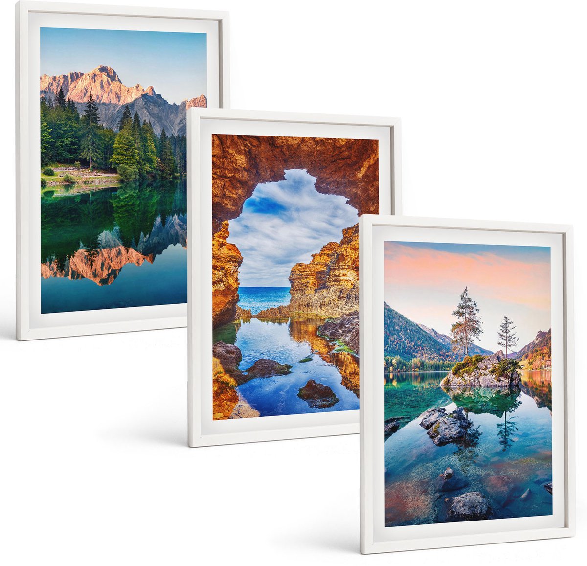 Wallfluent 3-Delige Schilderij Set - Bergmeren Met Weerspiegelingen In Het Water En De Rotsen. - 40 x 60 - Wanddecoratie - Muurdecoratie - Moderne Interieurdecoratie - Moderne Wanddecoratie