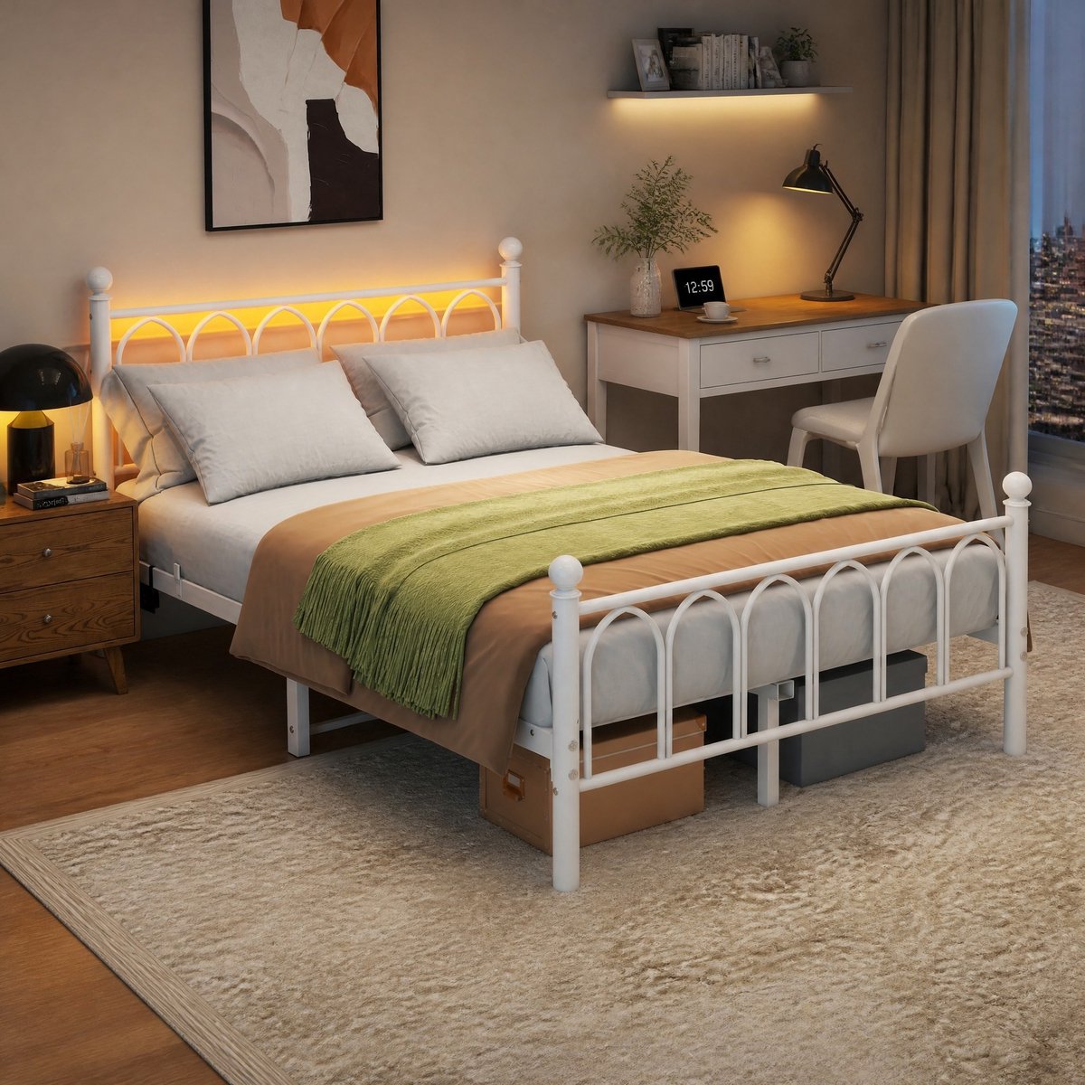 REDOM - Metalen bedframe - Hoge hoofd- en voetplank - Lattenbodem - LED verlichting - Met USB-oplaadstation - Moderne stijl - Slaapkamer - Wit - 120 x 200 cm