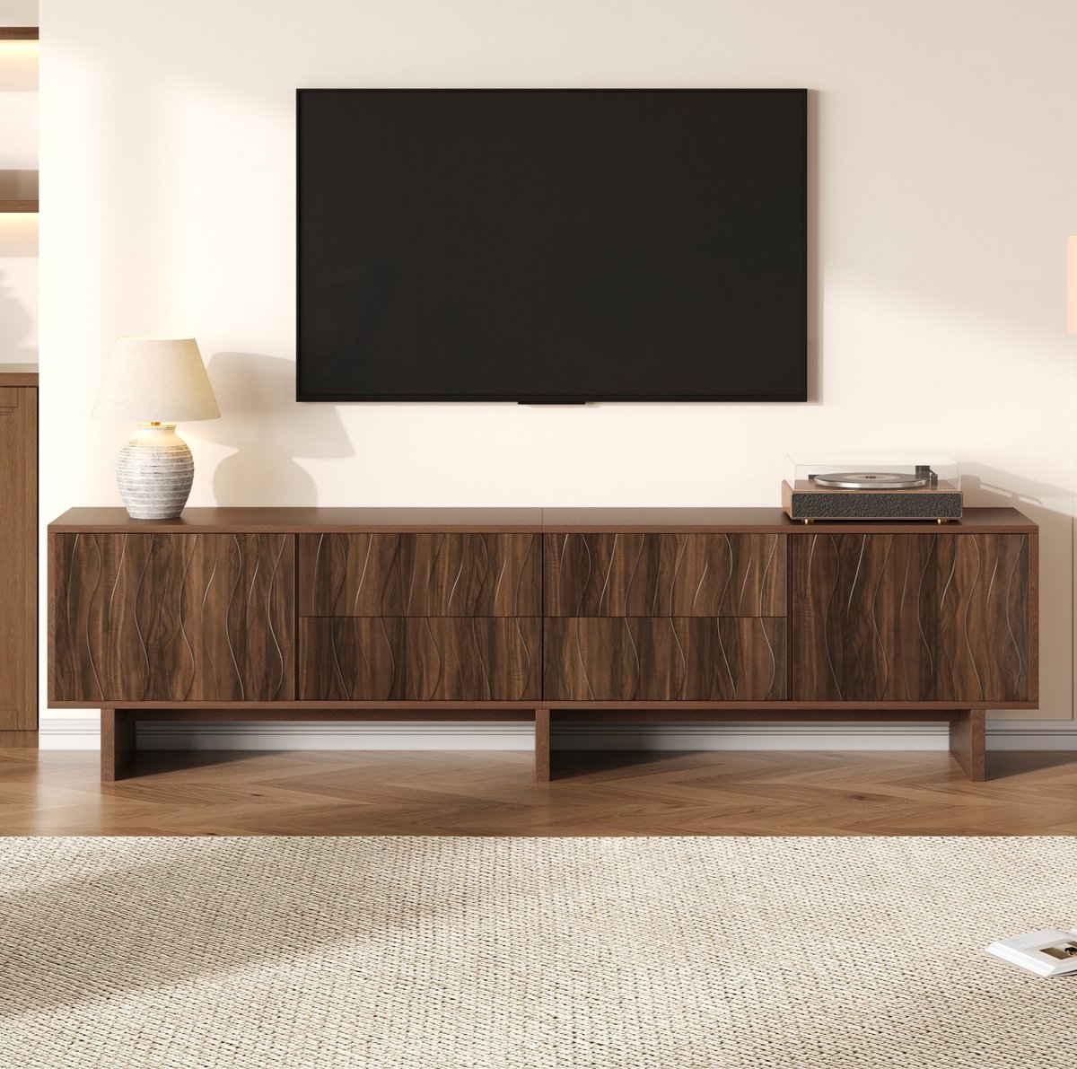 REDOM - TV meubel - Wavelvormig design - 4 lades en 2 deuren - Design - Woonkamer - Spaanplaat - Walnoot - 180 x 40 x 56 cm