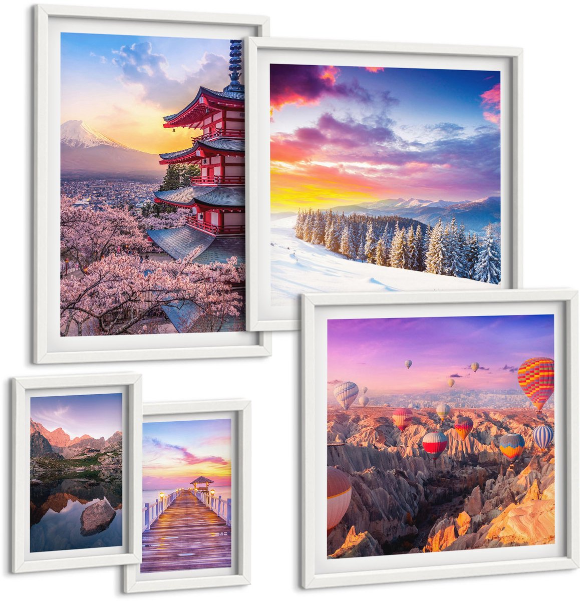 Wallfluent 5-Delige Schilderij Set - Aziatische Landschappen Met Bergen En Bloeiende Bomen - 50 x 50 cm, 20 x 30 cm En 40 x 60 cm - Decoratieve Muurdecoratie - Slaapkamer - Stijlvolle Muurdecoratie